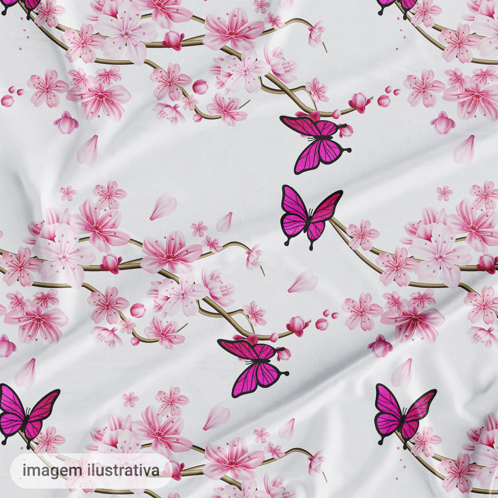 Oxford Digital Borboletas e Flores Rosa Fundo Branco