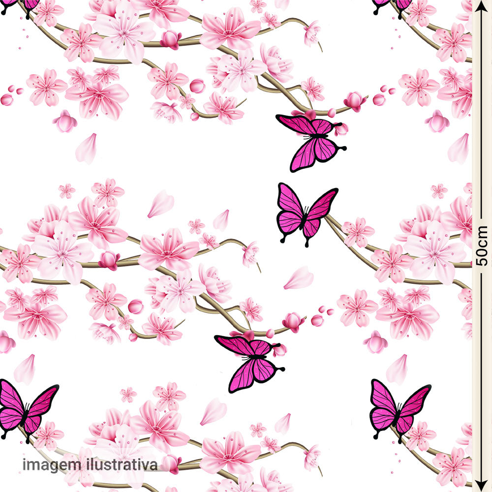 Oxford Digital Borboletas e Flores Rosa Fundo Branco