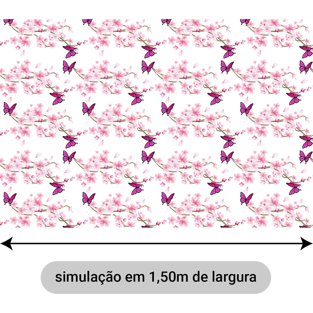 Oxford Digital Borboletas e Flores Rosa Fundo Branco