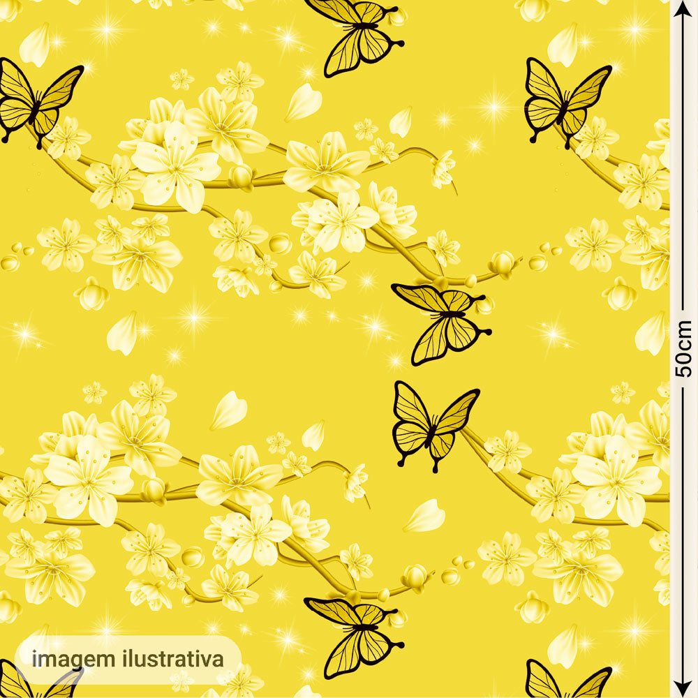 Oxford Digital Borboletas e Flores Amarelo Ouro