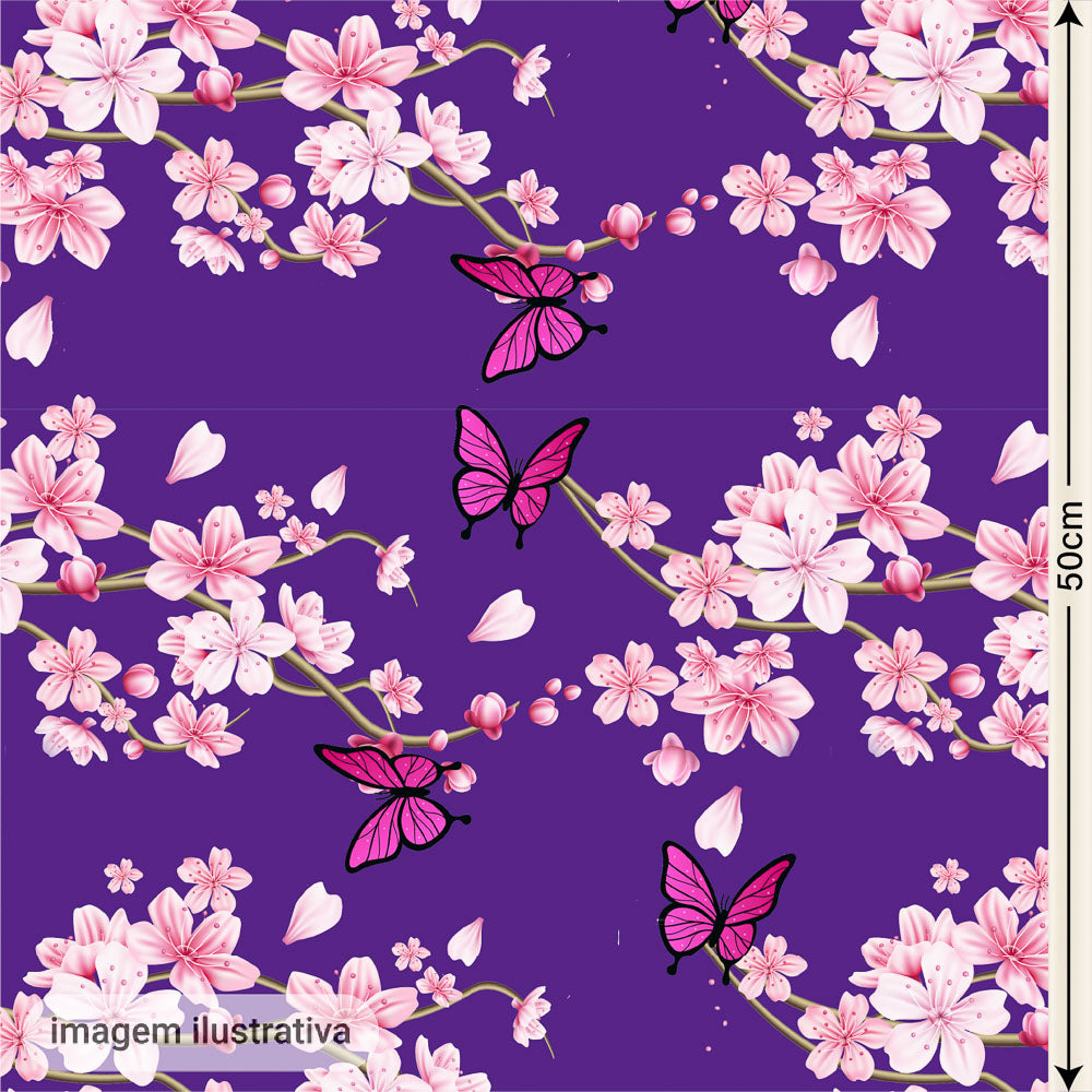 Oxford Digital Flores e Borboletas Fundo Roxo