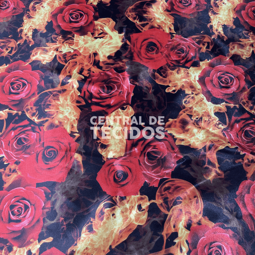 Cetim Estampado Digital Rosas e Fogo