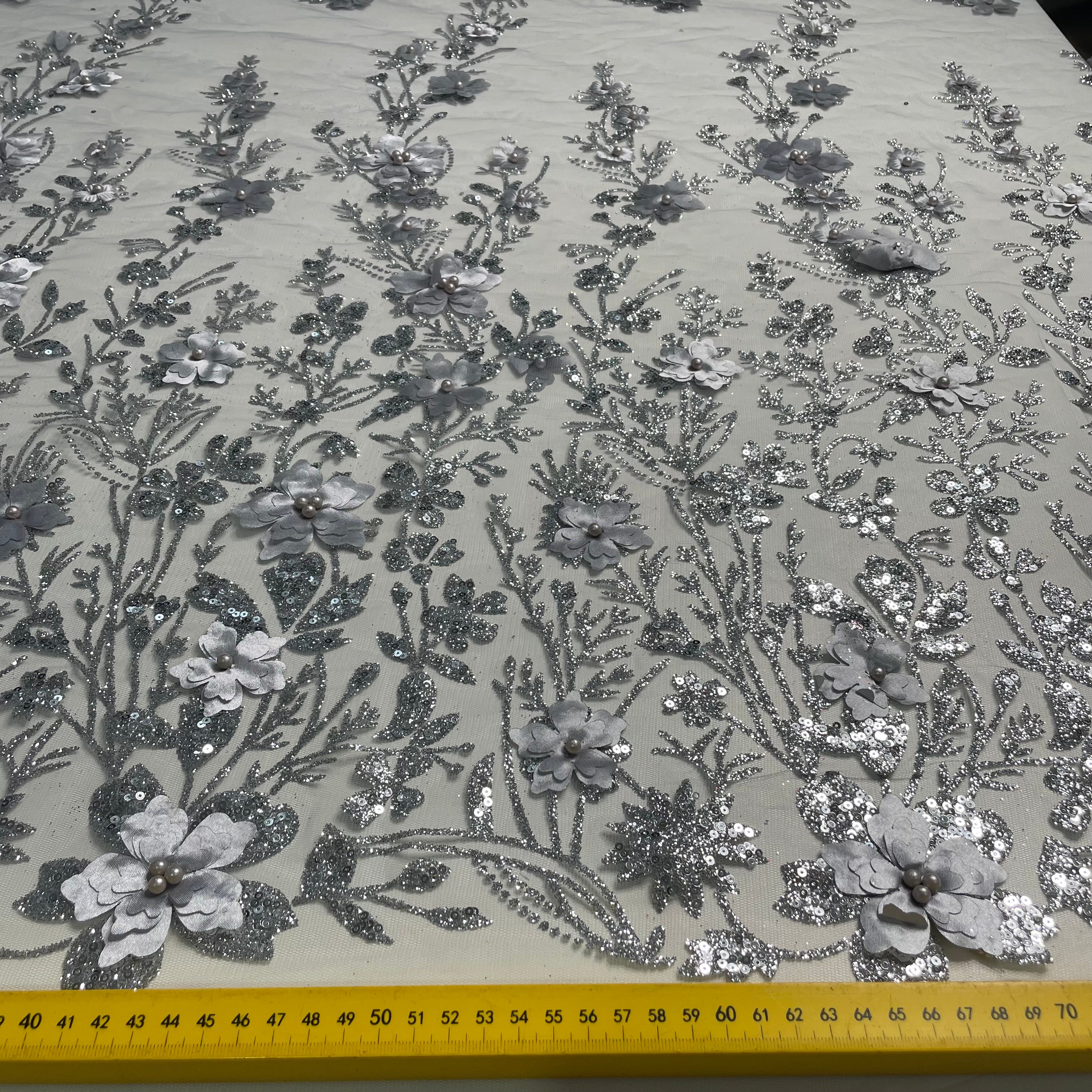 Tule Bordado Glitter 3D Floral Pérola Prateado