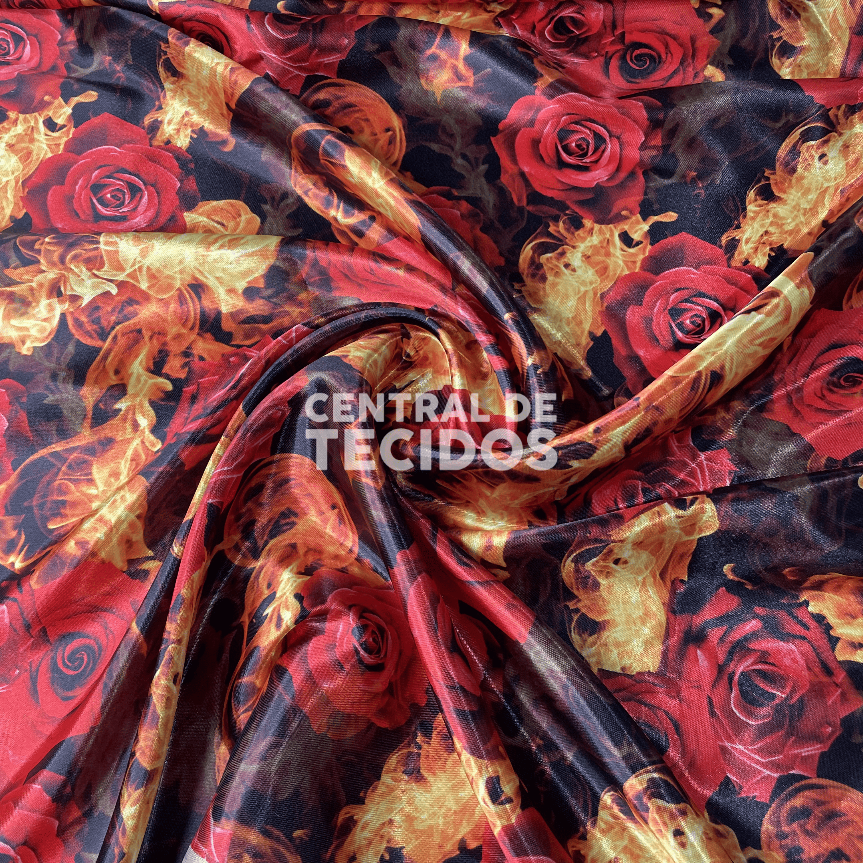 Cetim Estampado Digital Rosas e Fogo