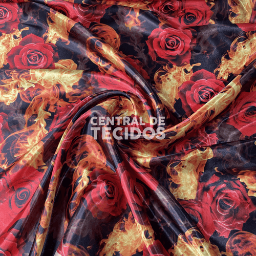 Cetim Estampado Digital Rosas e Fogo
