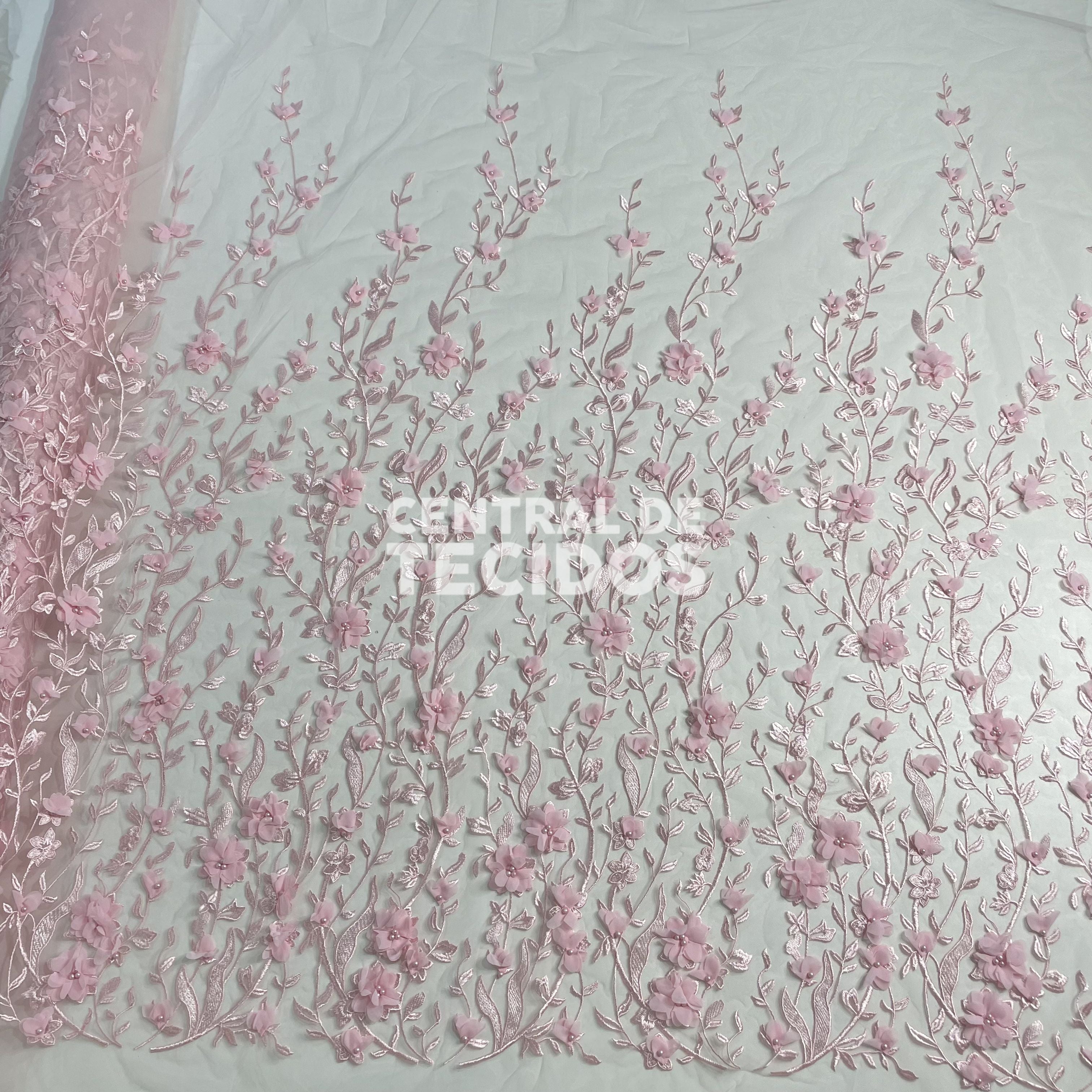 Tule Design Floral 3D Rosa Bebê