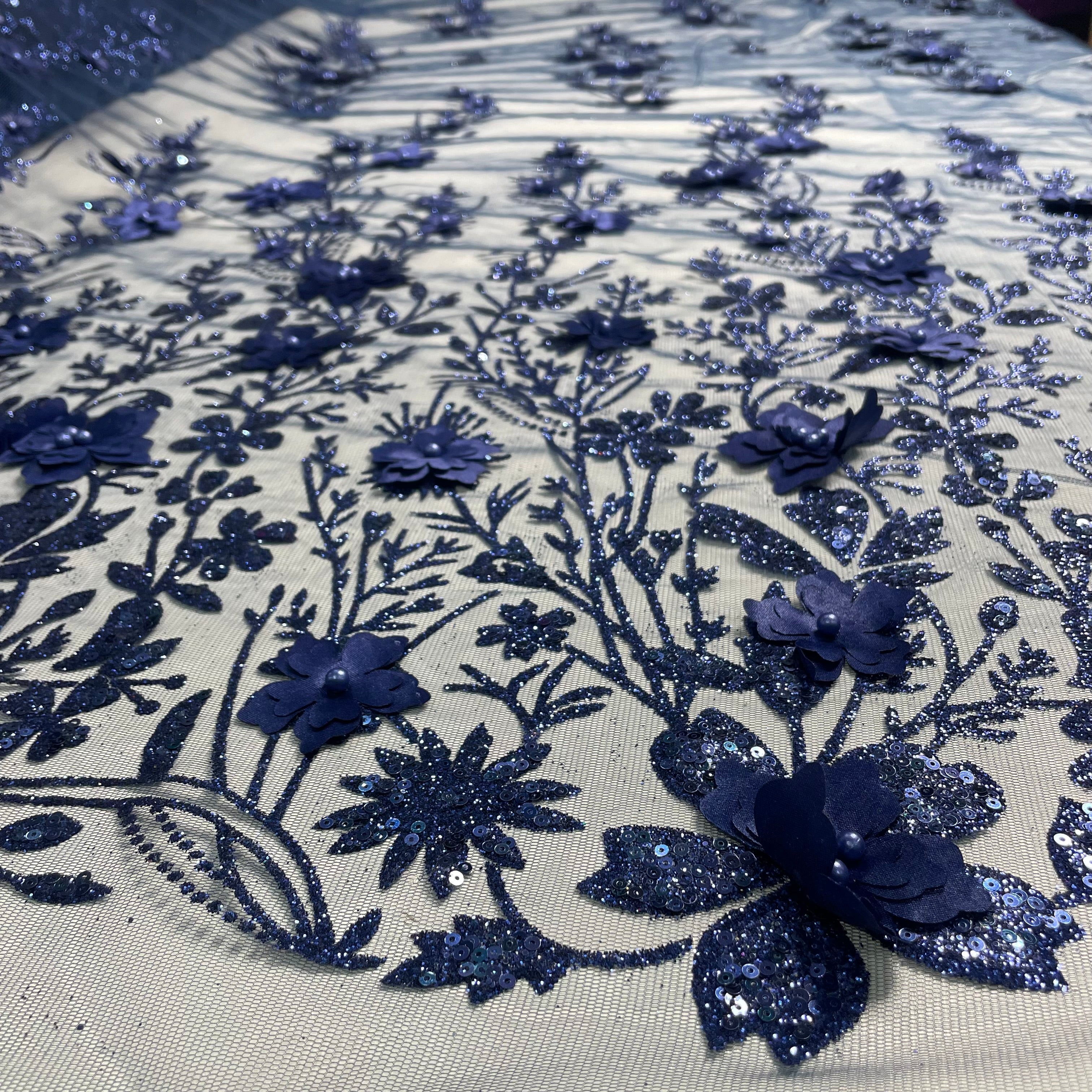 Tule Bordado Glitter 3D Floral Pérola Azul Marinho