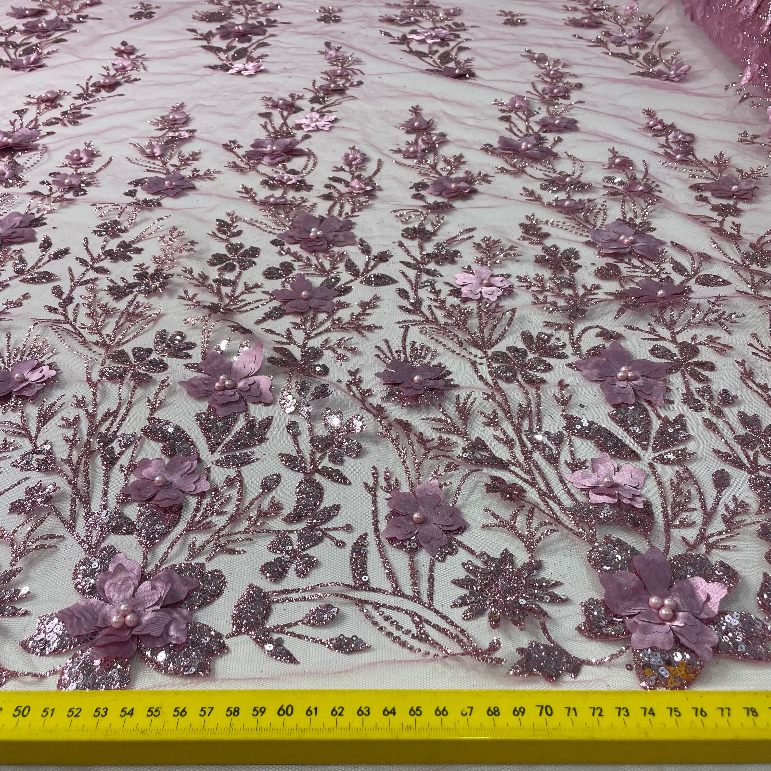 Tule Bordado Glitter 3D Floral Pérola Rosa Antigo