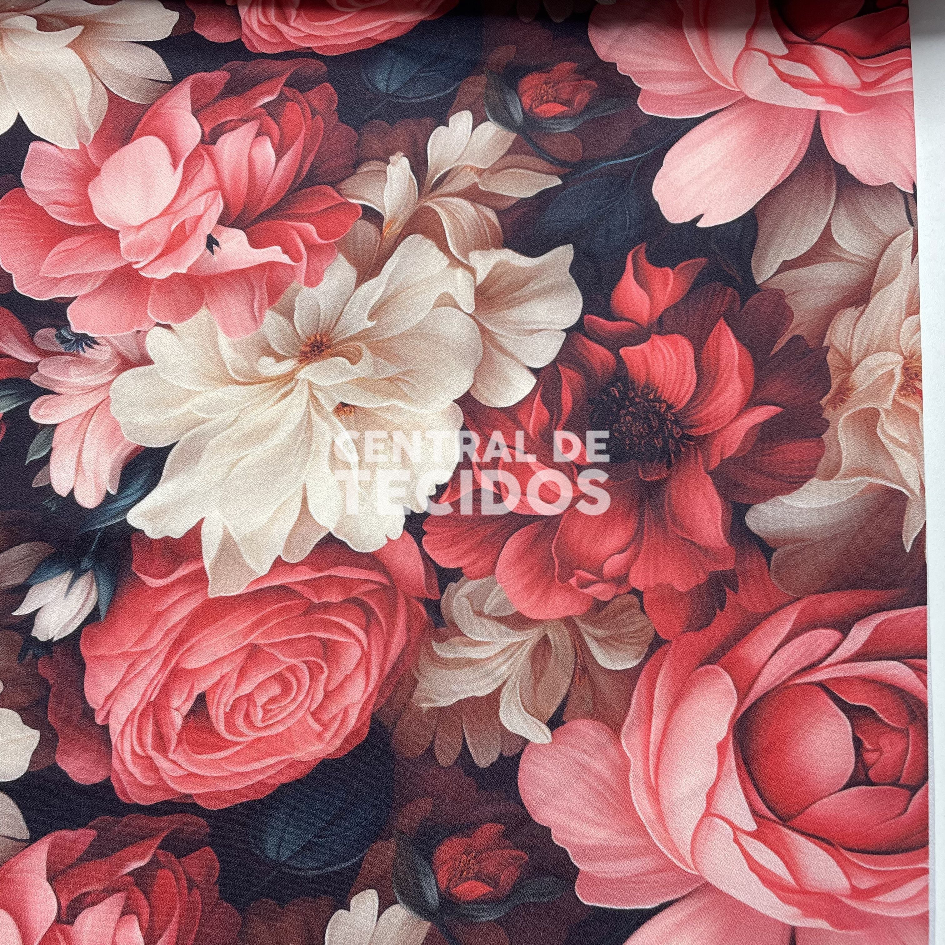 Crepe Torige Digital 3D Flores Avermelhadas