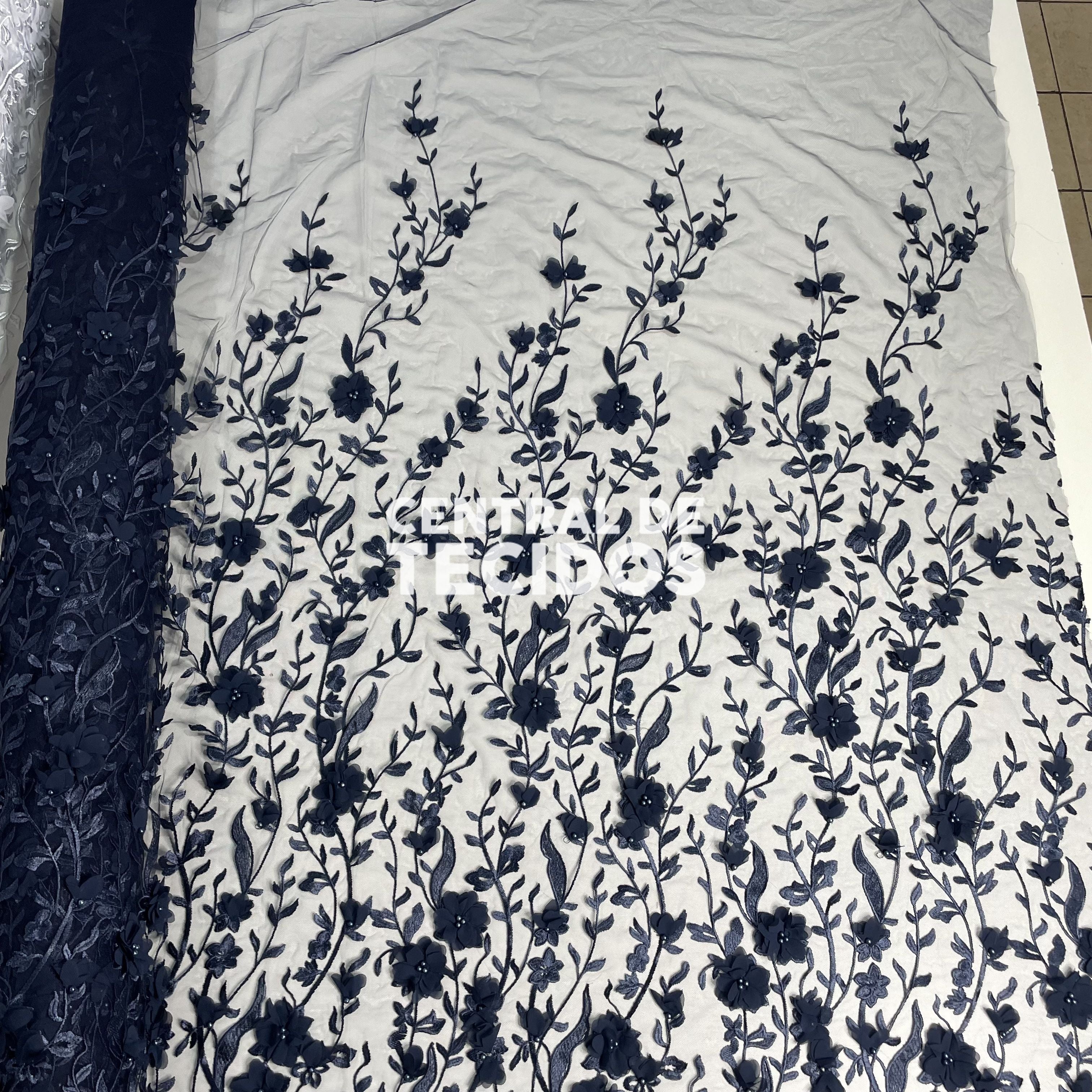 Tule Design Floral 3D Azul Marinho