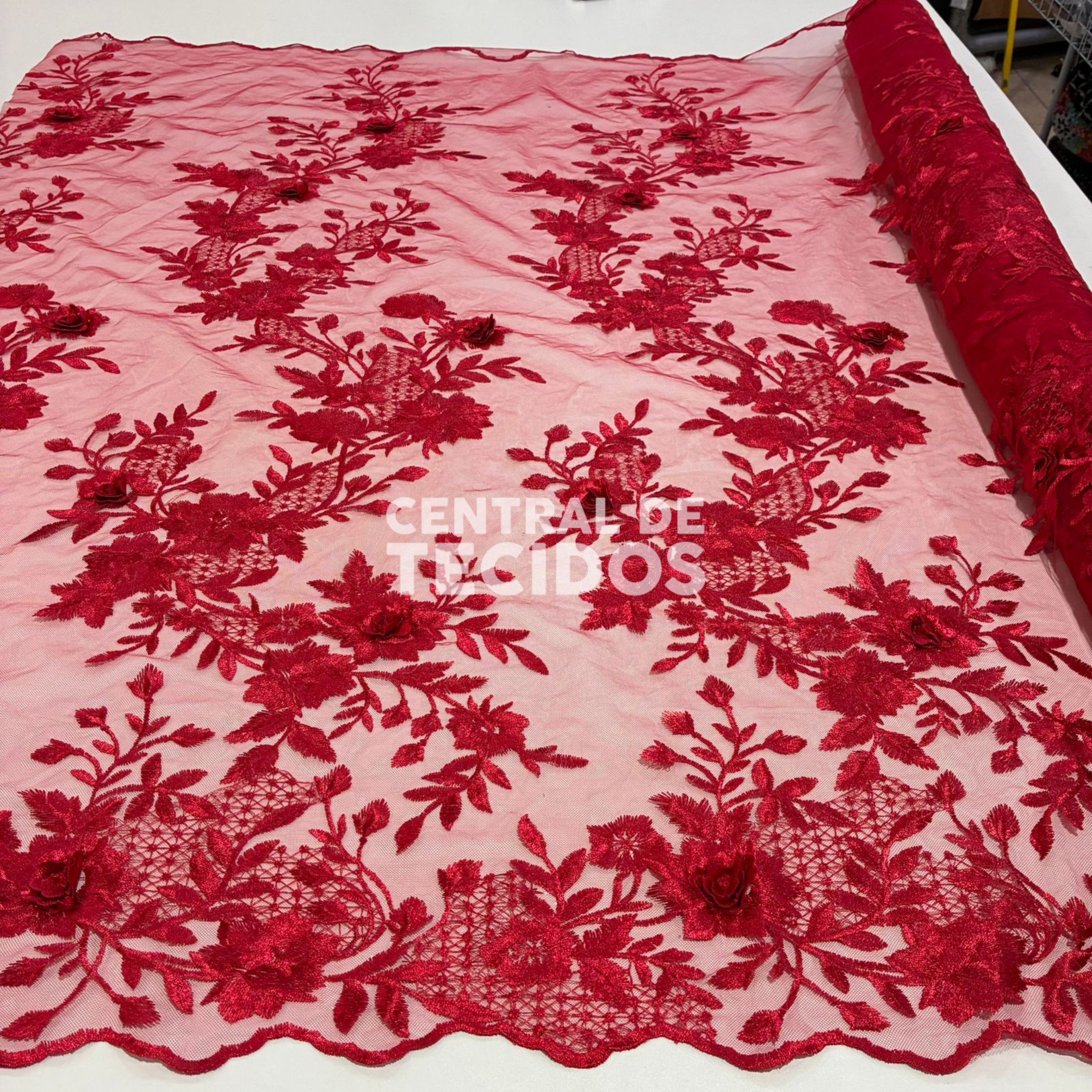 Tule Bordado London 3D Floral Vermelho