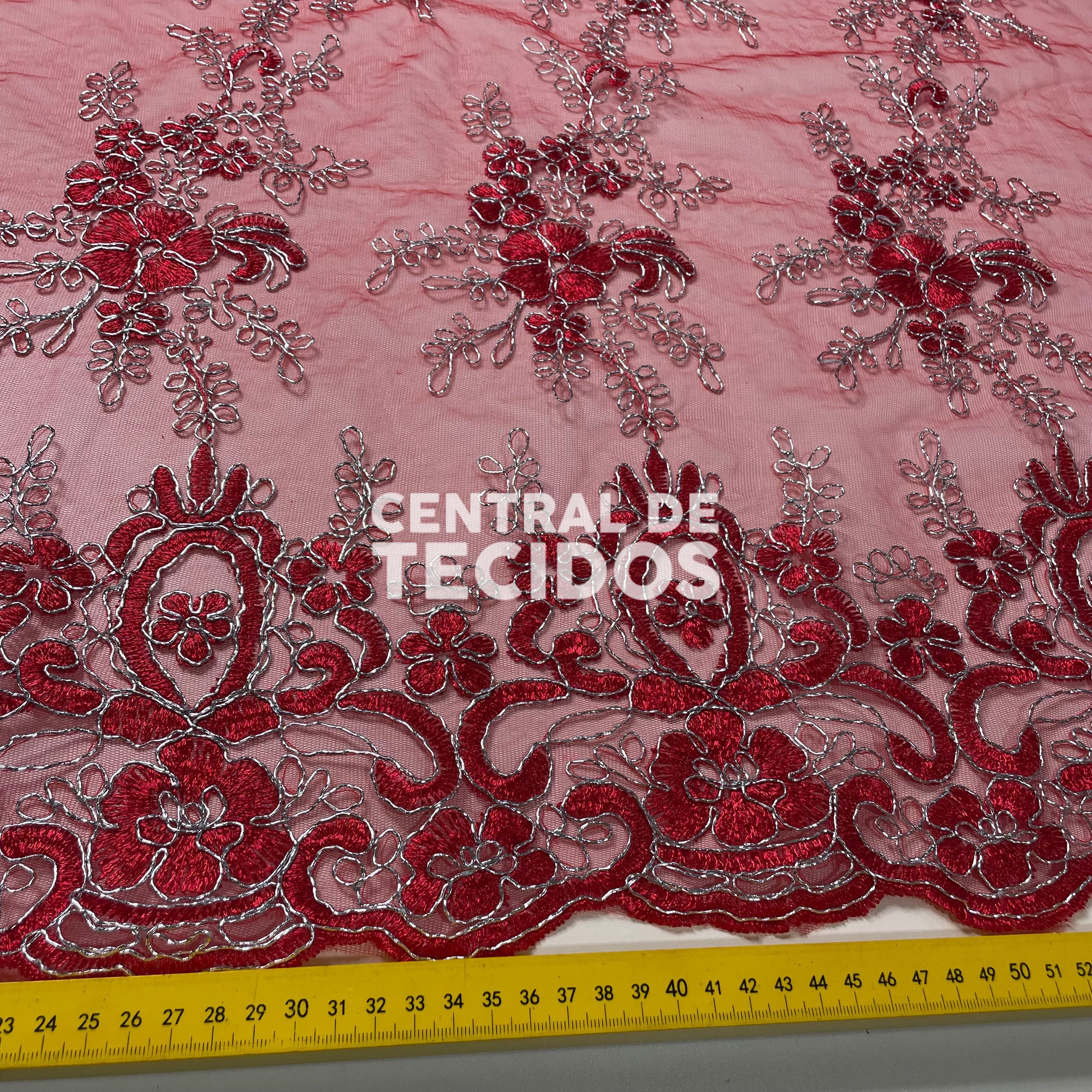 Tule Bordado Metalic Vermelho e Prata
