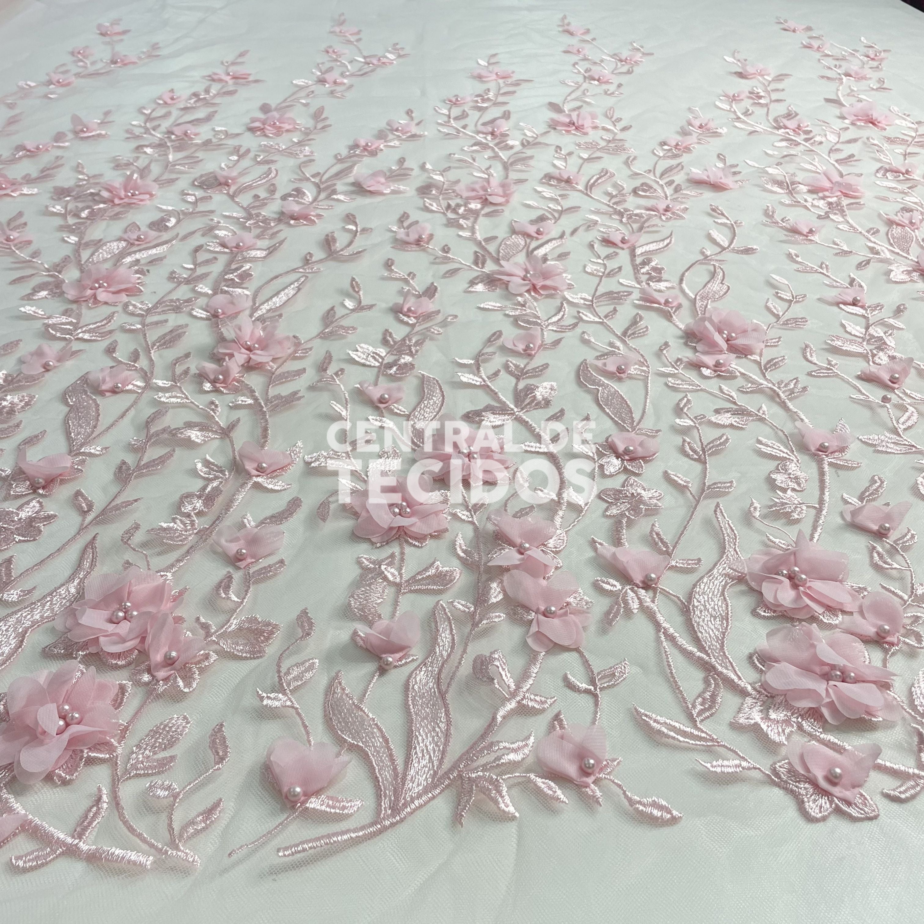 Tule Design Floral 3D Rosa Bebê