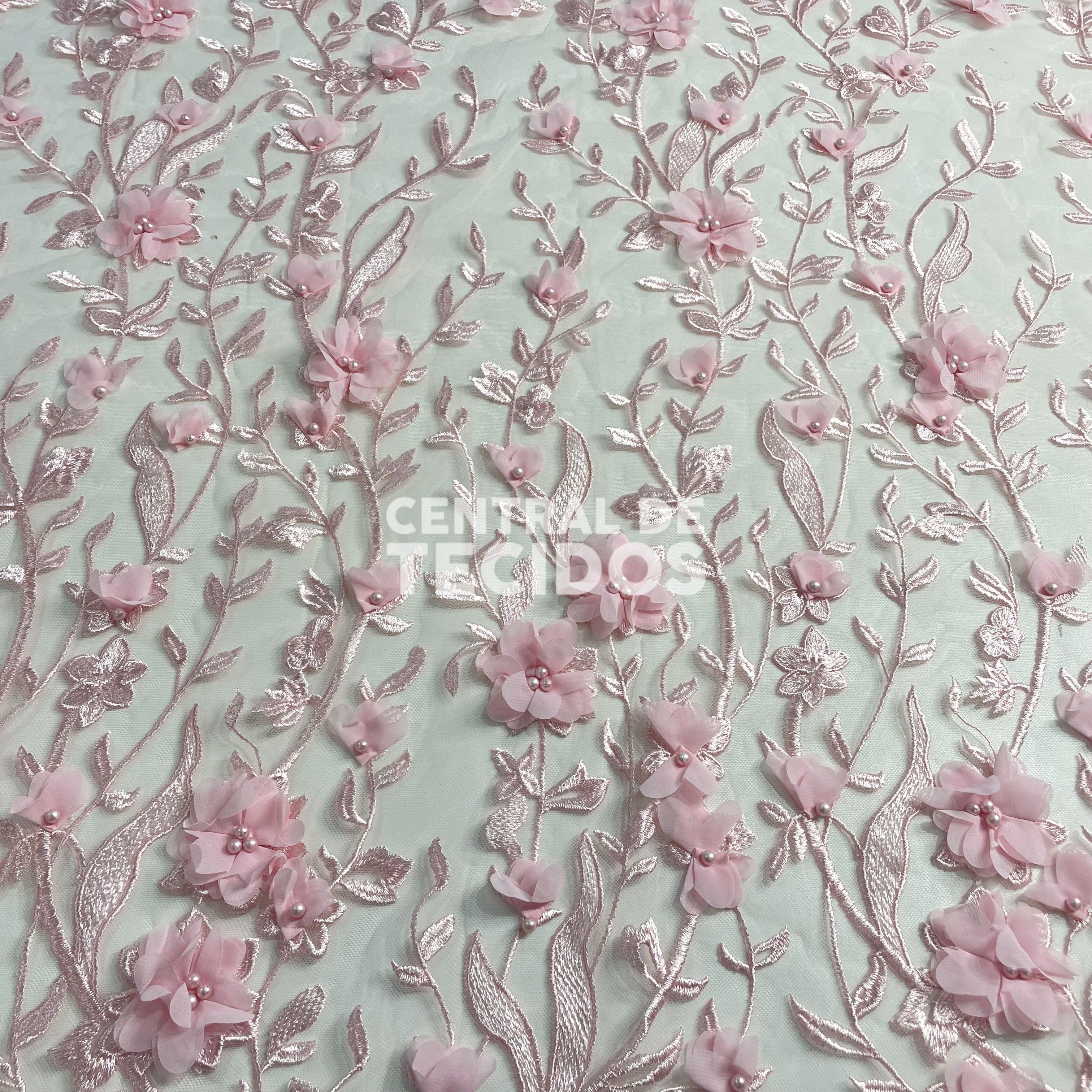 Tule Design Floral 3D Rosa Bebê