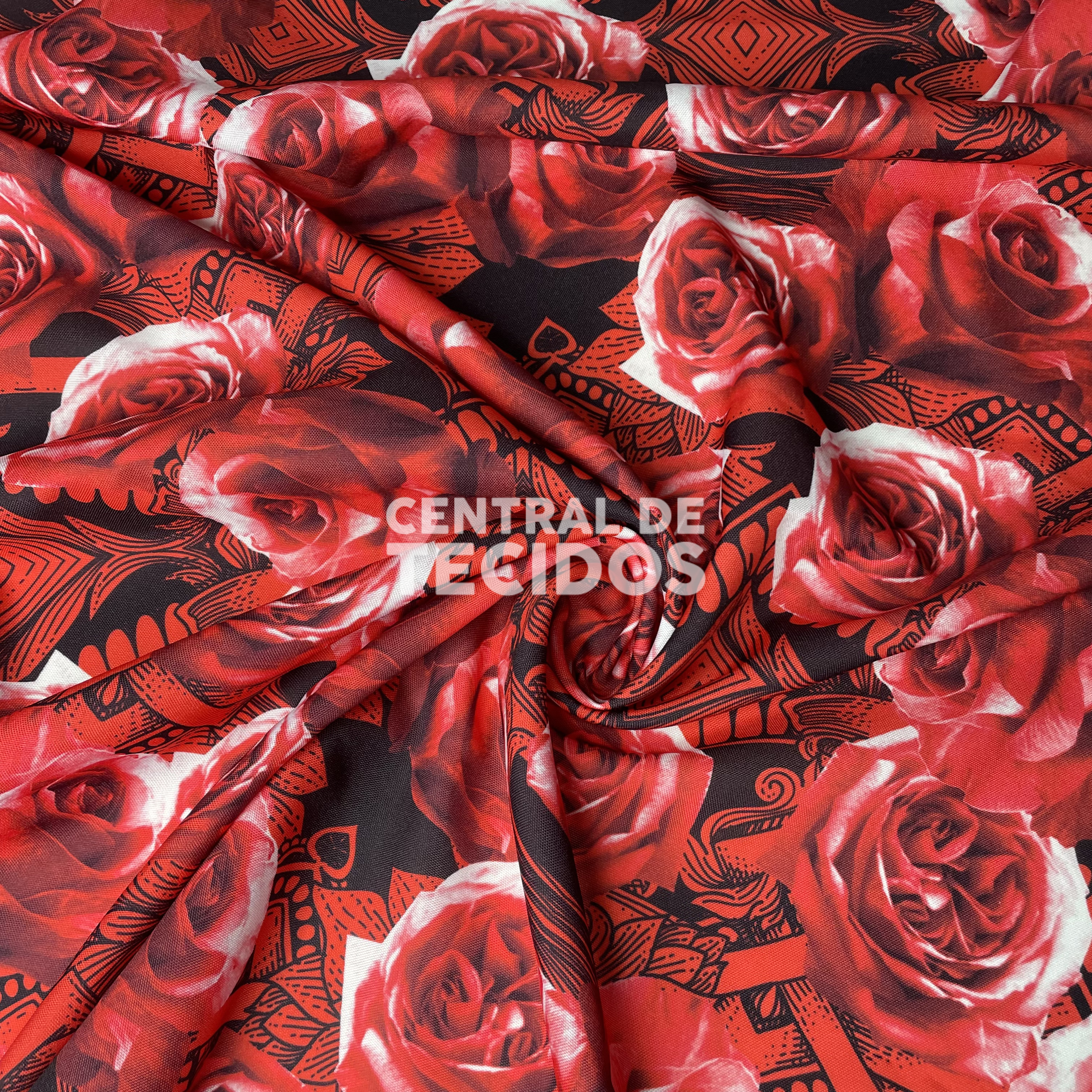 Oxford Digital Arabesco Rosas Vermelhas Fundo Preto