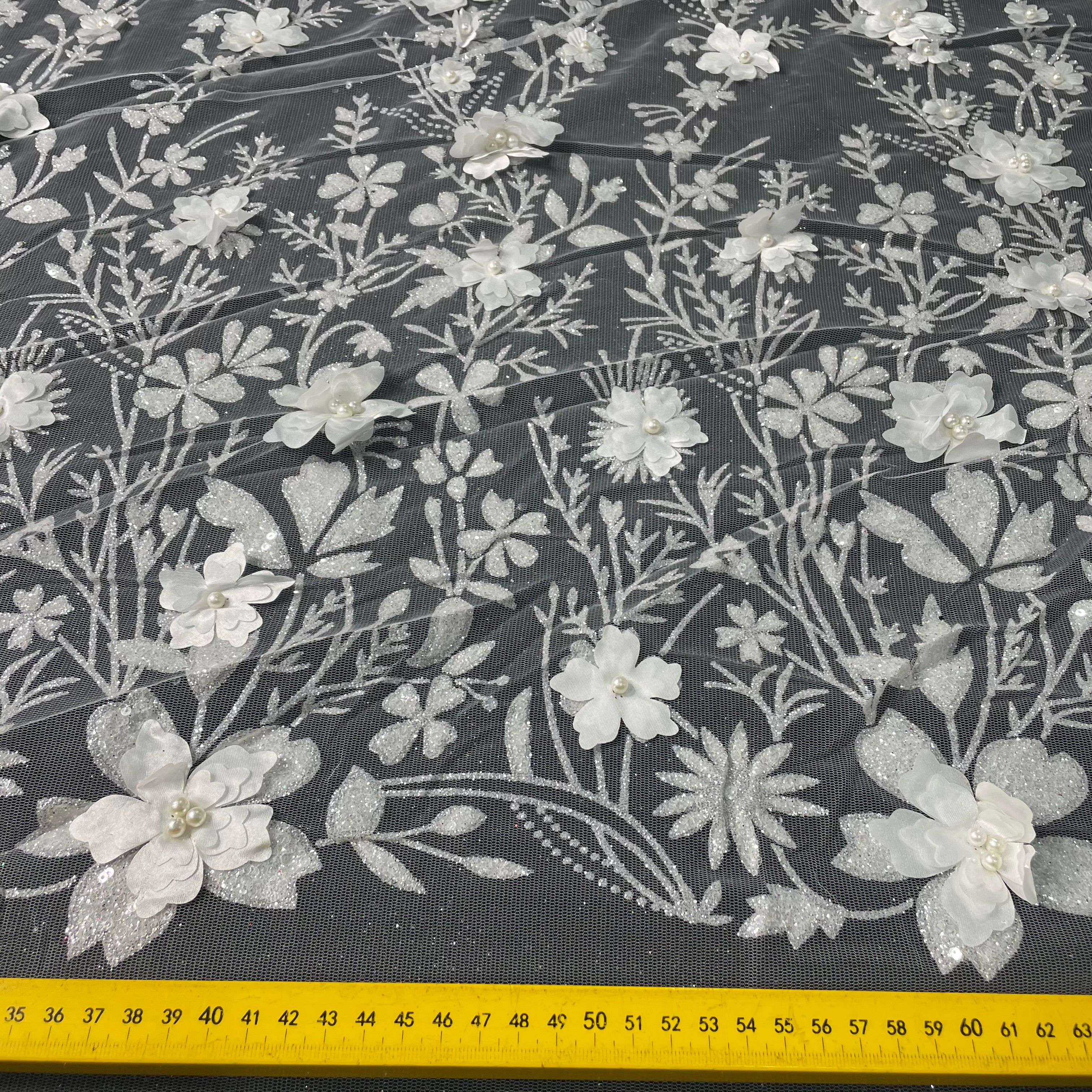 Tule Bordado Glitter 3D Floral Pérola Branco