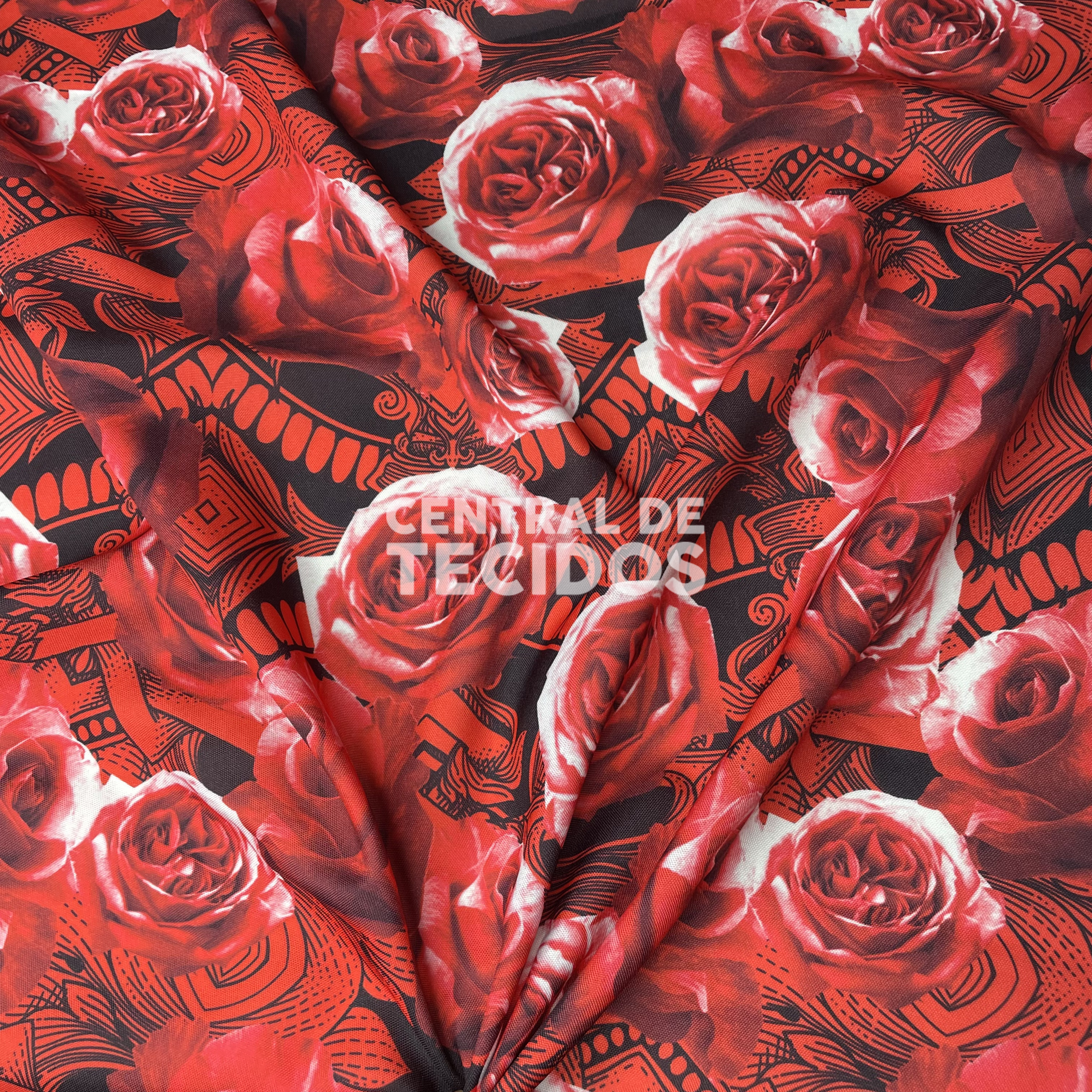 Oxford Digital Arabesco Rosas Vermelhas Fundo Preto