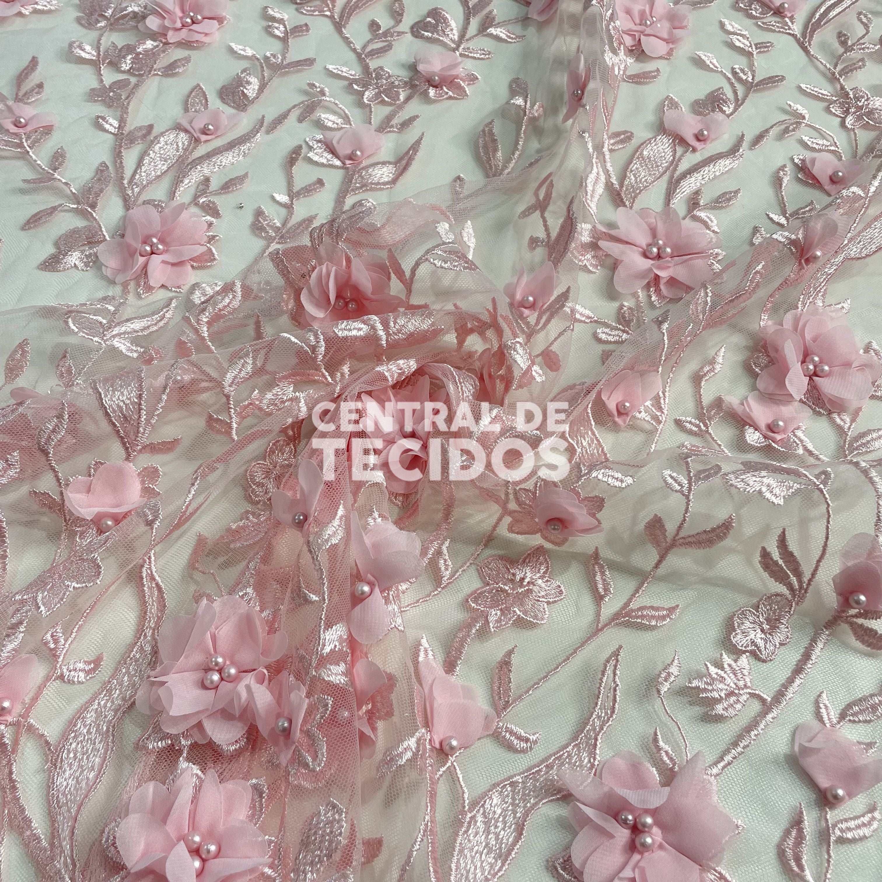 Tule Design Floral 3D Rosa Bebê