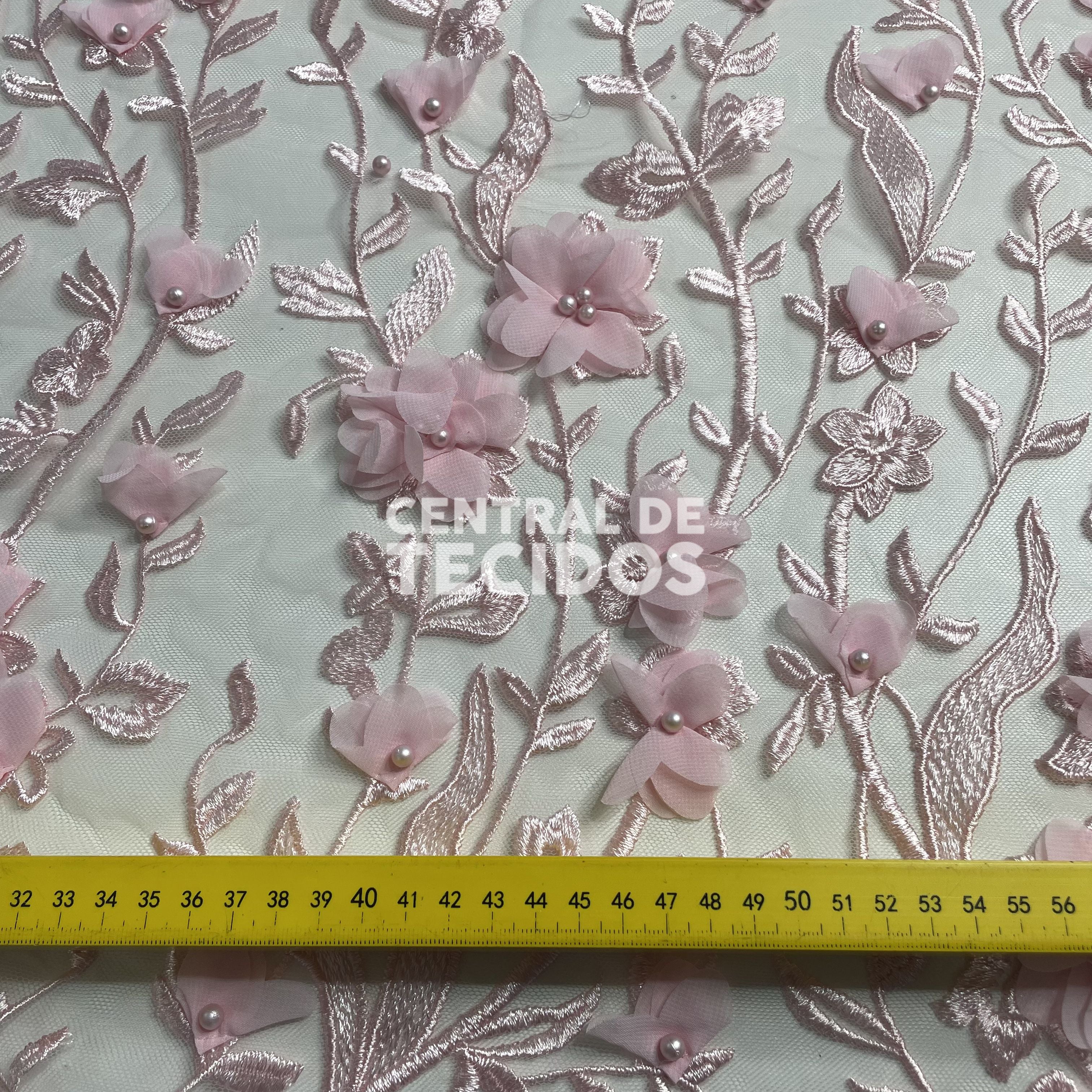 Tule Design Floral 3D Rosa Bebê