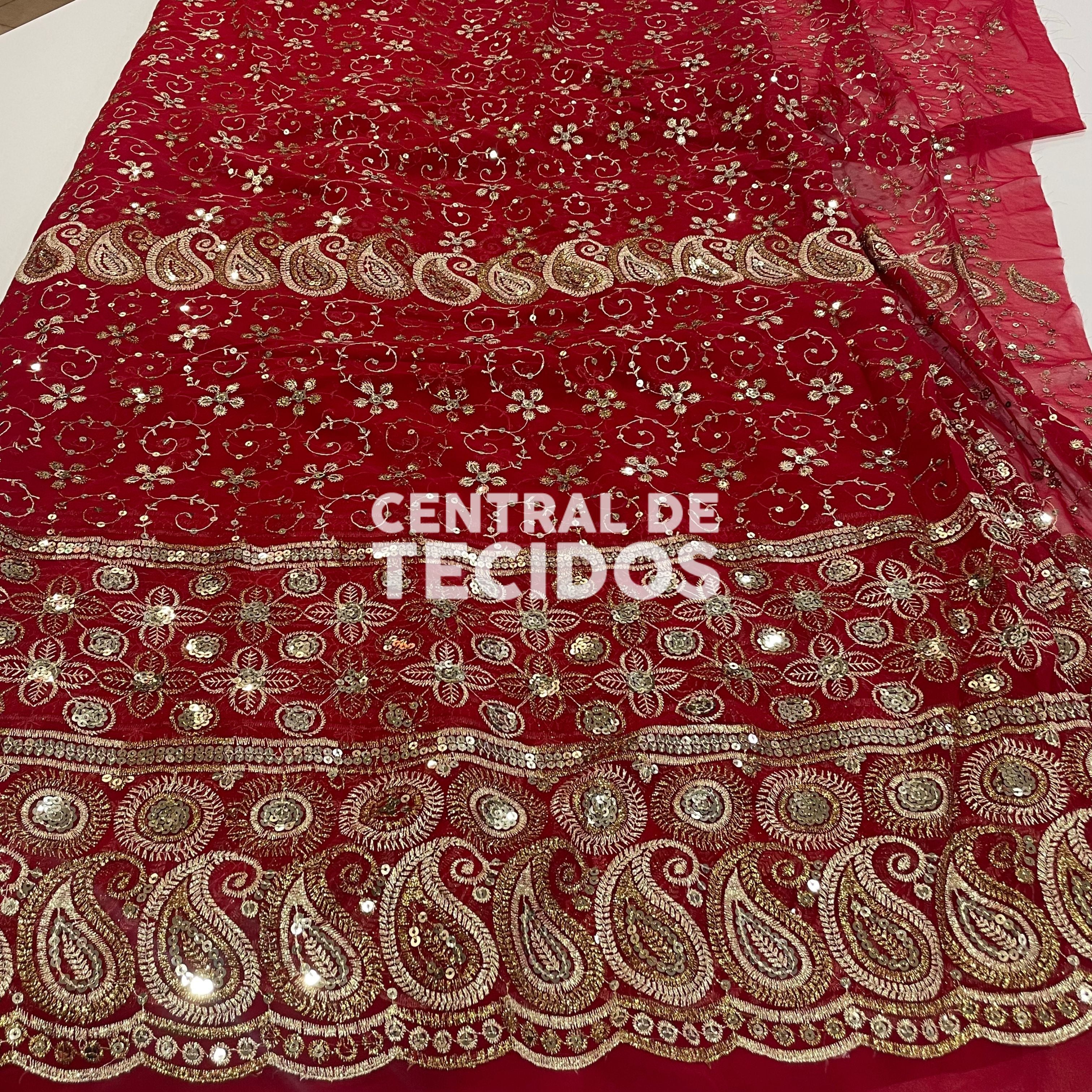 Chiffon Bordado Indiano Vermelho