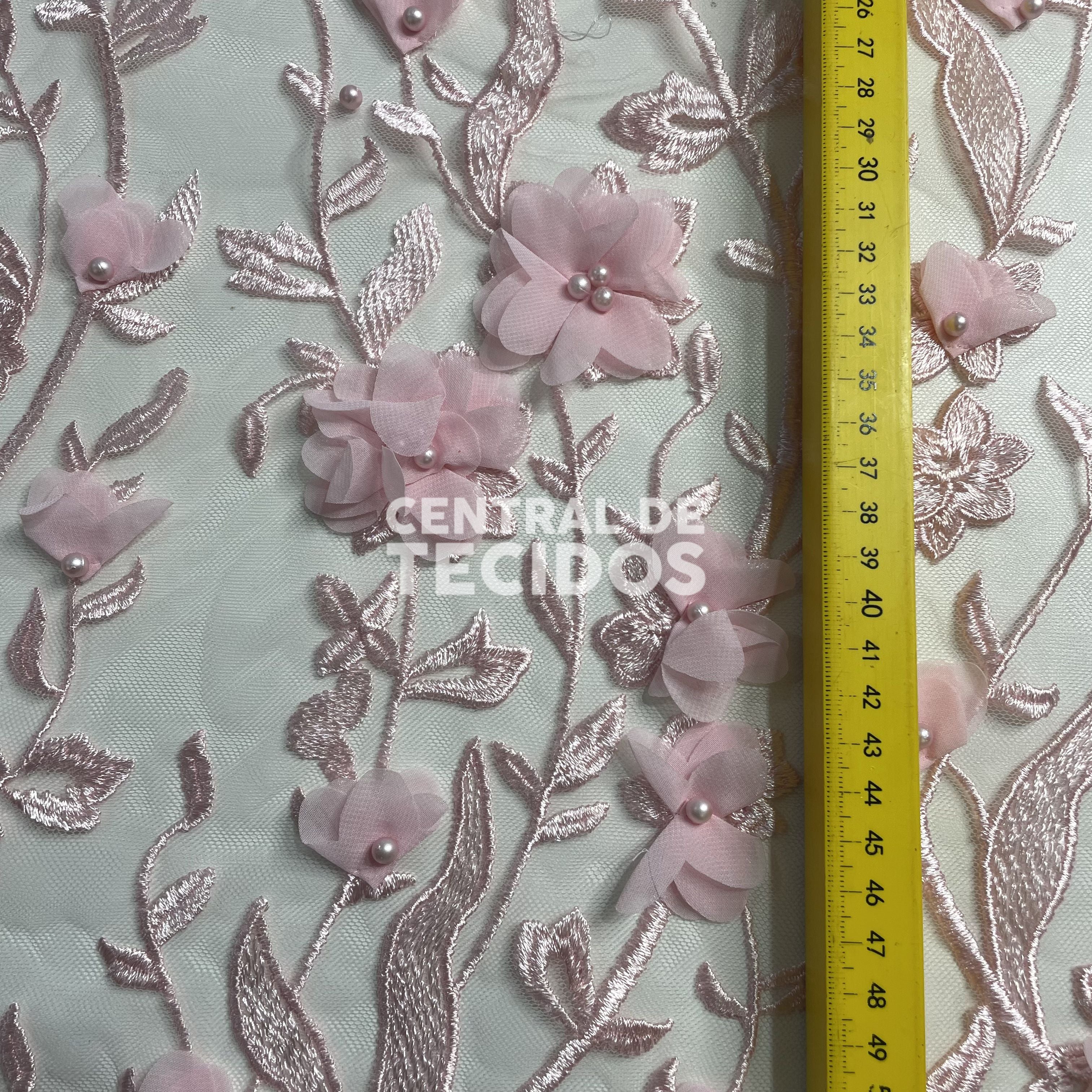 Tule Design Floral 3D Rosa Bebê