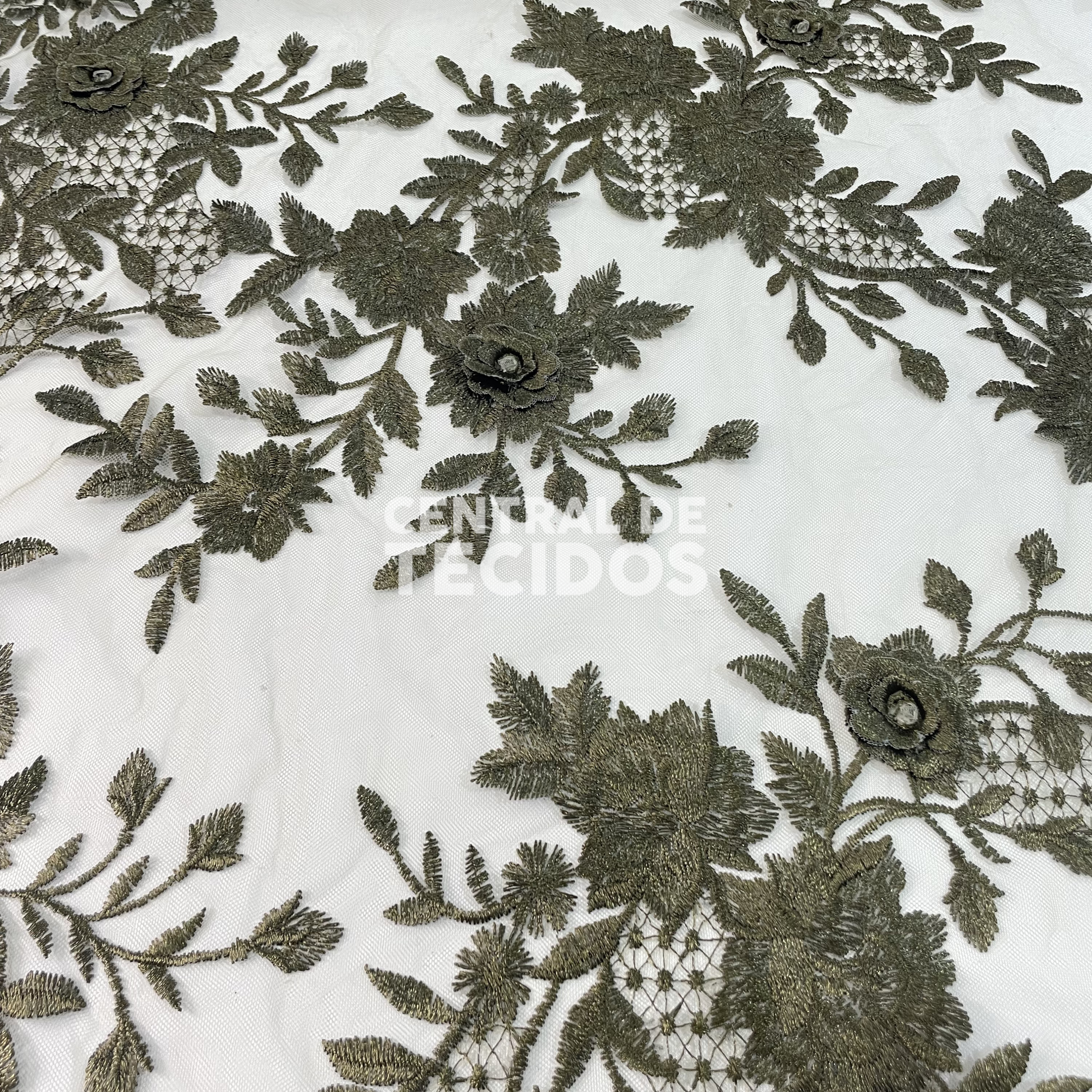 Tule Bordado 3D Floral Verde Musgo