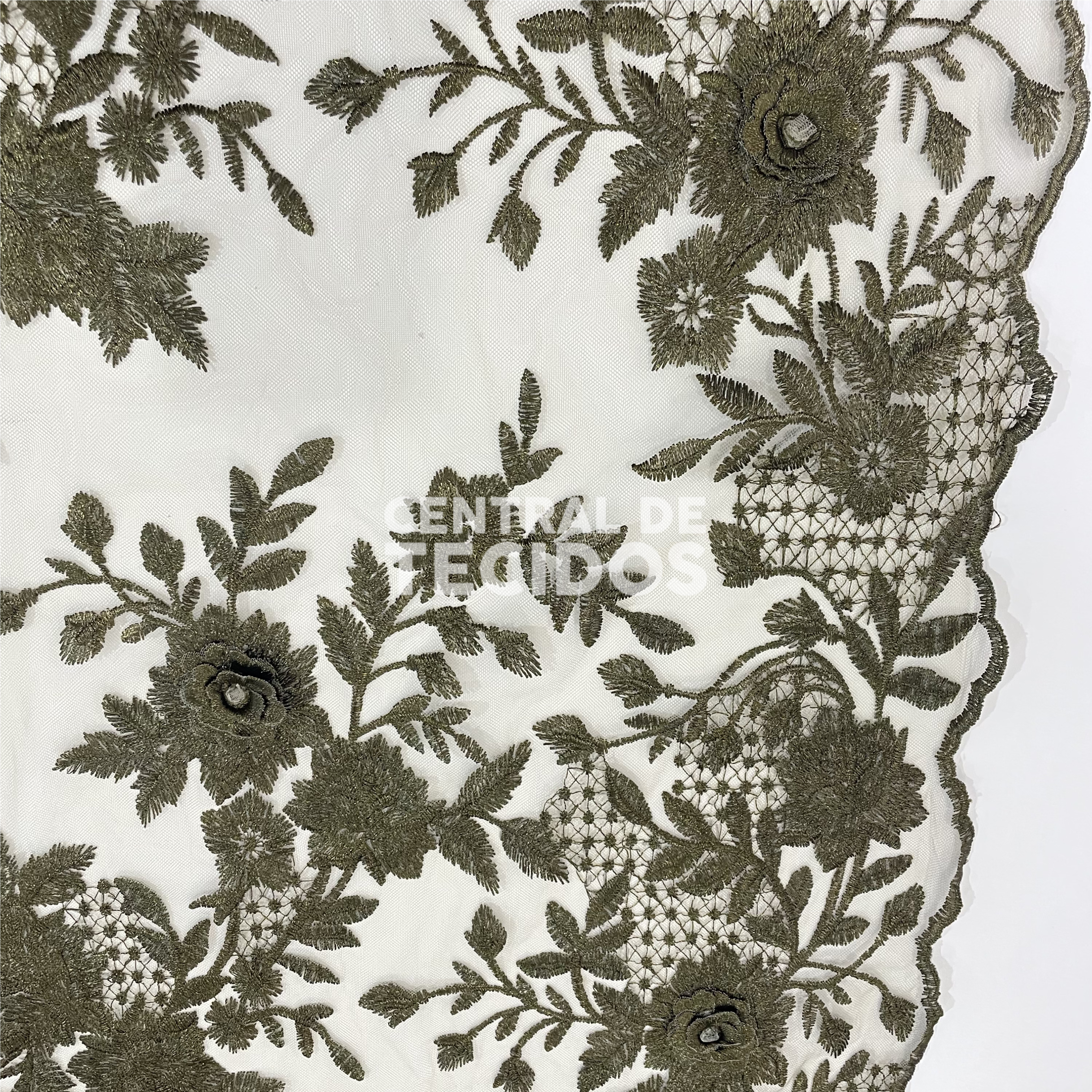 Tule Bordado 3D Floral Verde Musgo