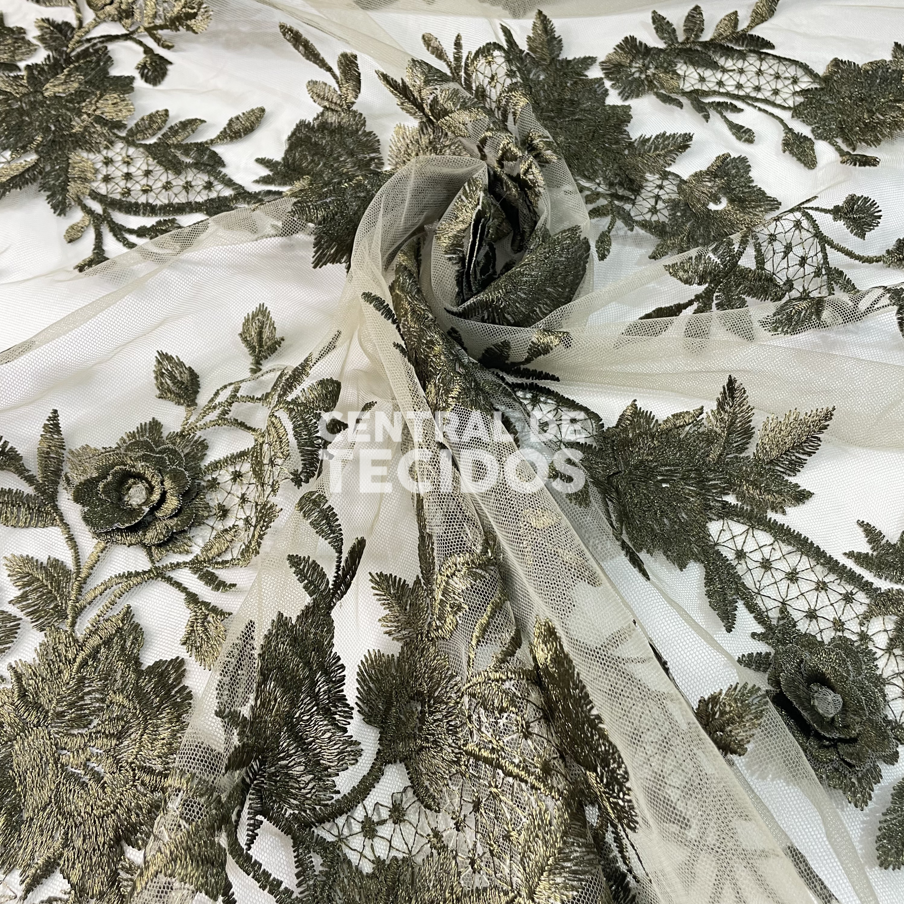 Tule Bordado 3D Floral Verde Musgo