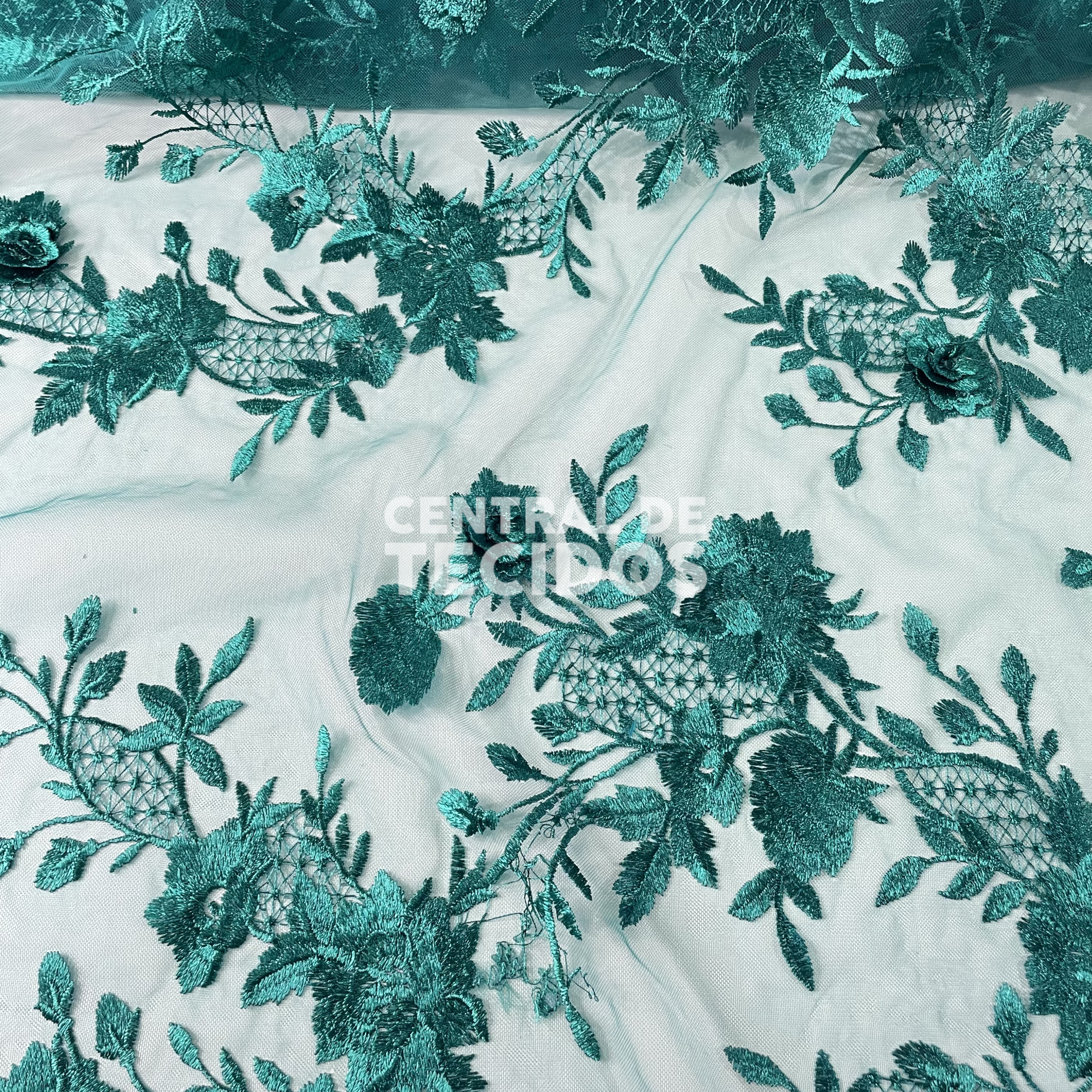 Tule Bordado 3D Floral Verde Floresta