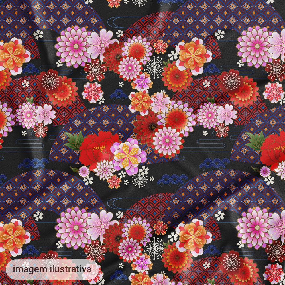 Oxford Digital Floral Geométrico Fundo Preto