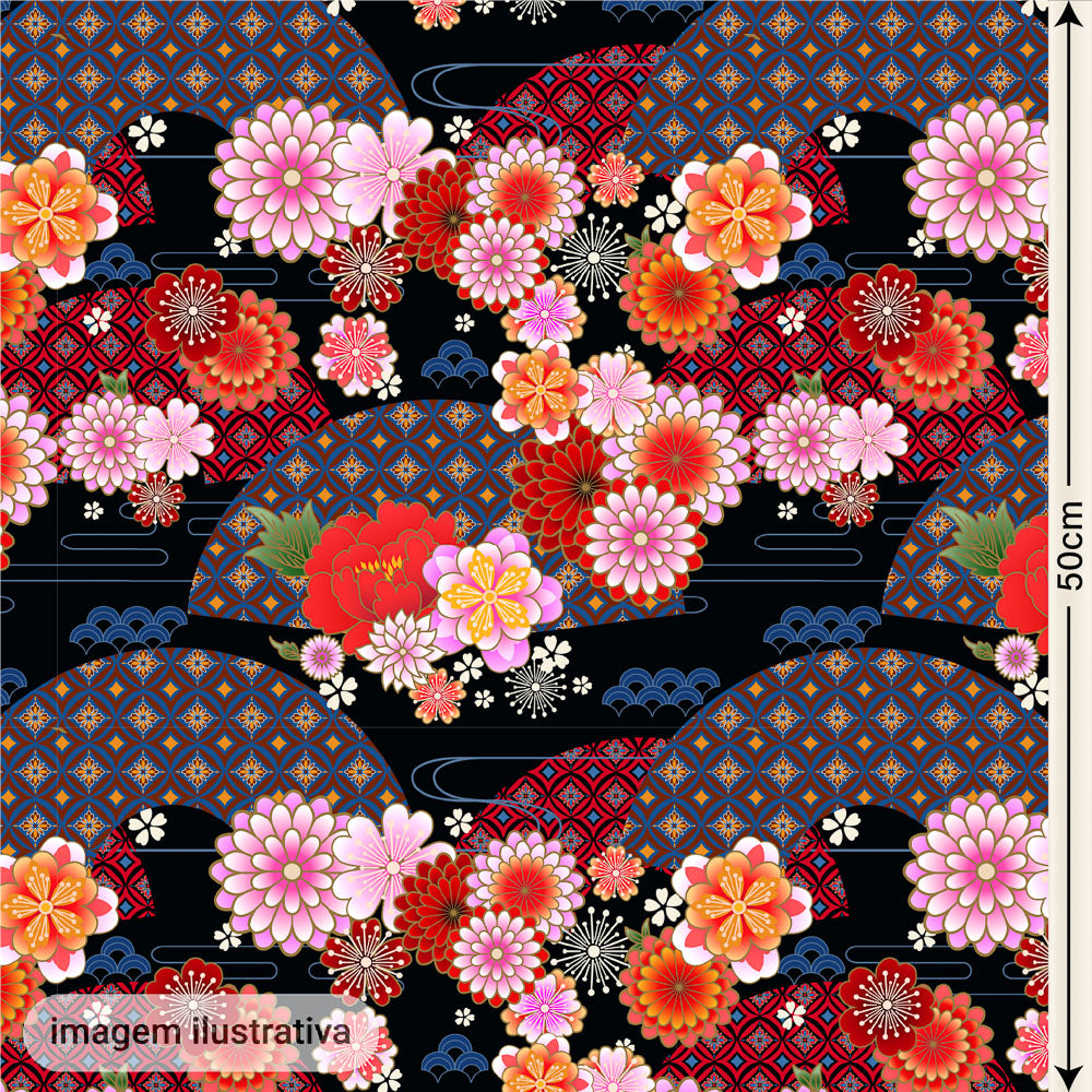 Oxford Digital Floral Geométrico Fundo Preto