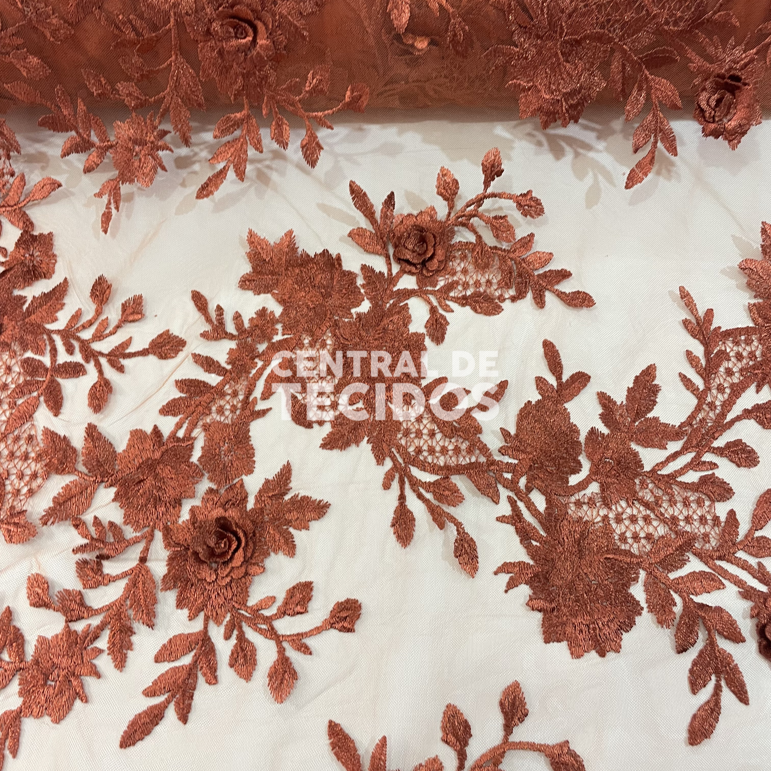 Tule Bordado 3D Floral Terracota
