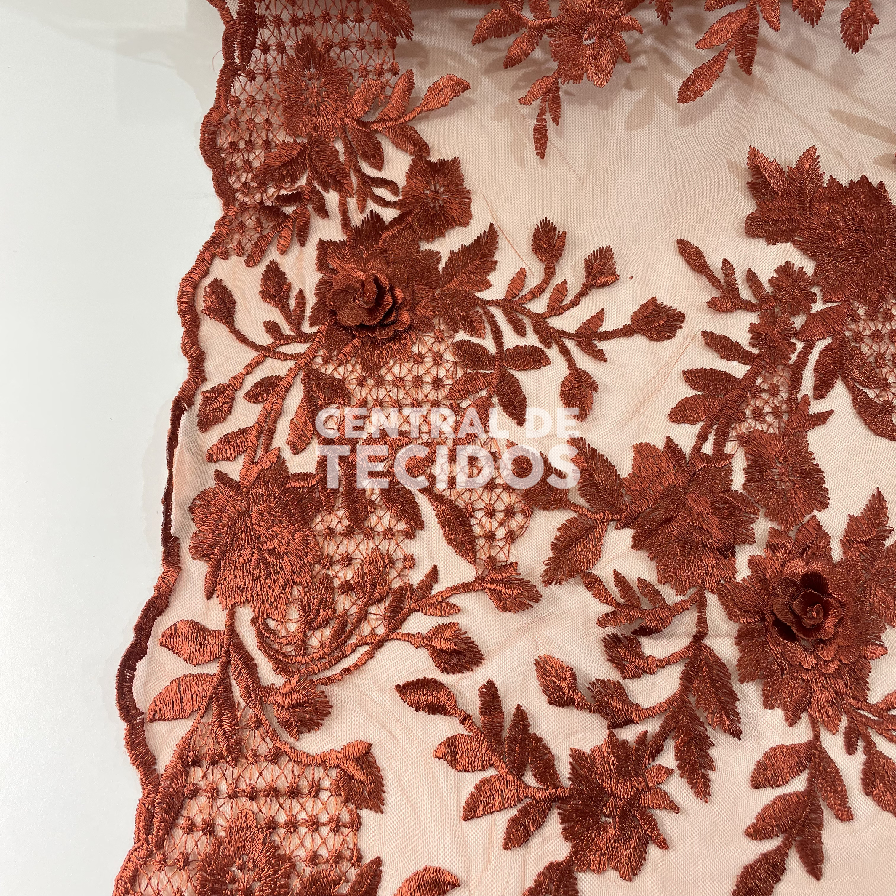 Tule Bordado 3D Floral Terracota