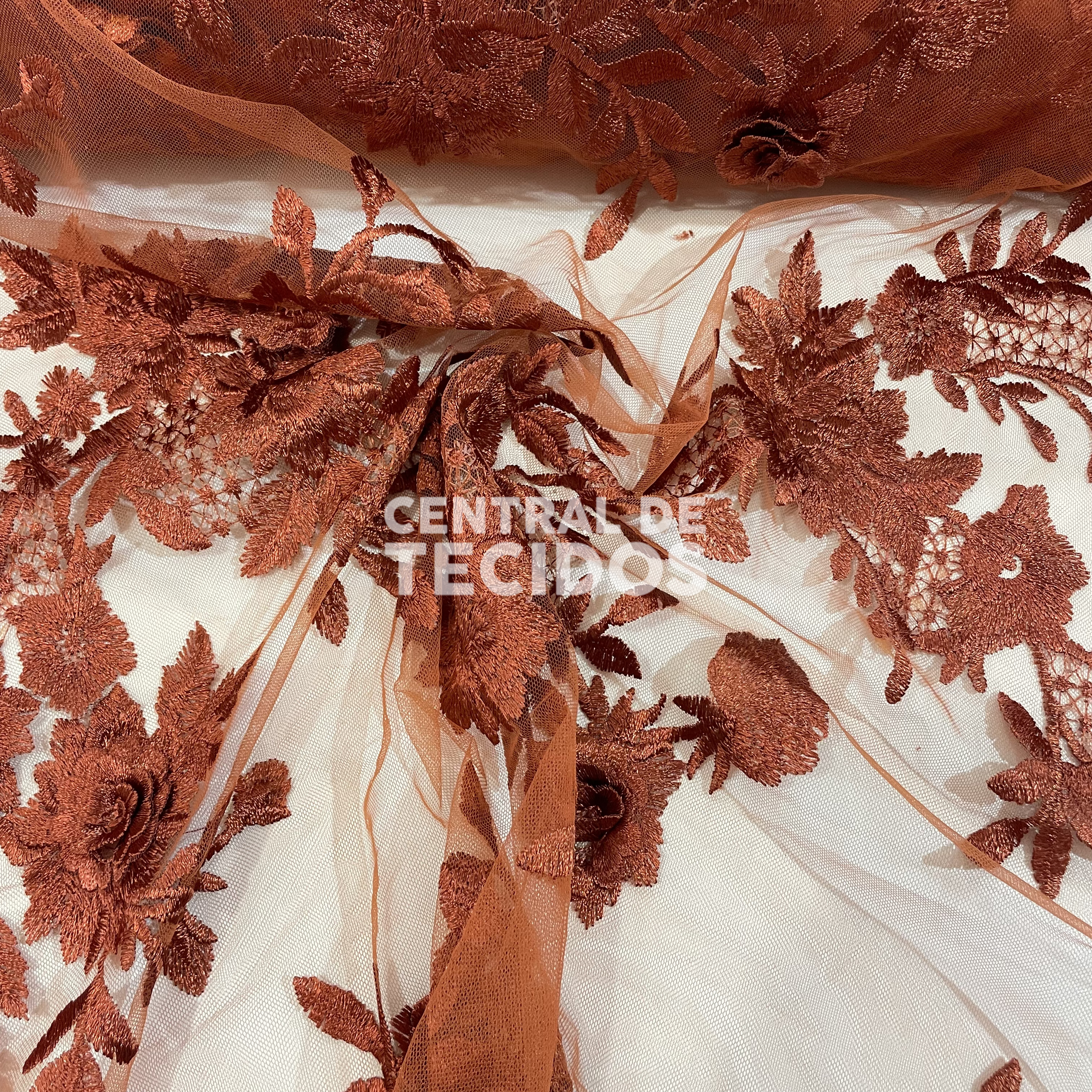 Tule Bordado 3D Floral Terracota