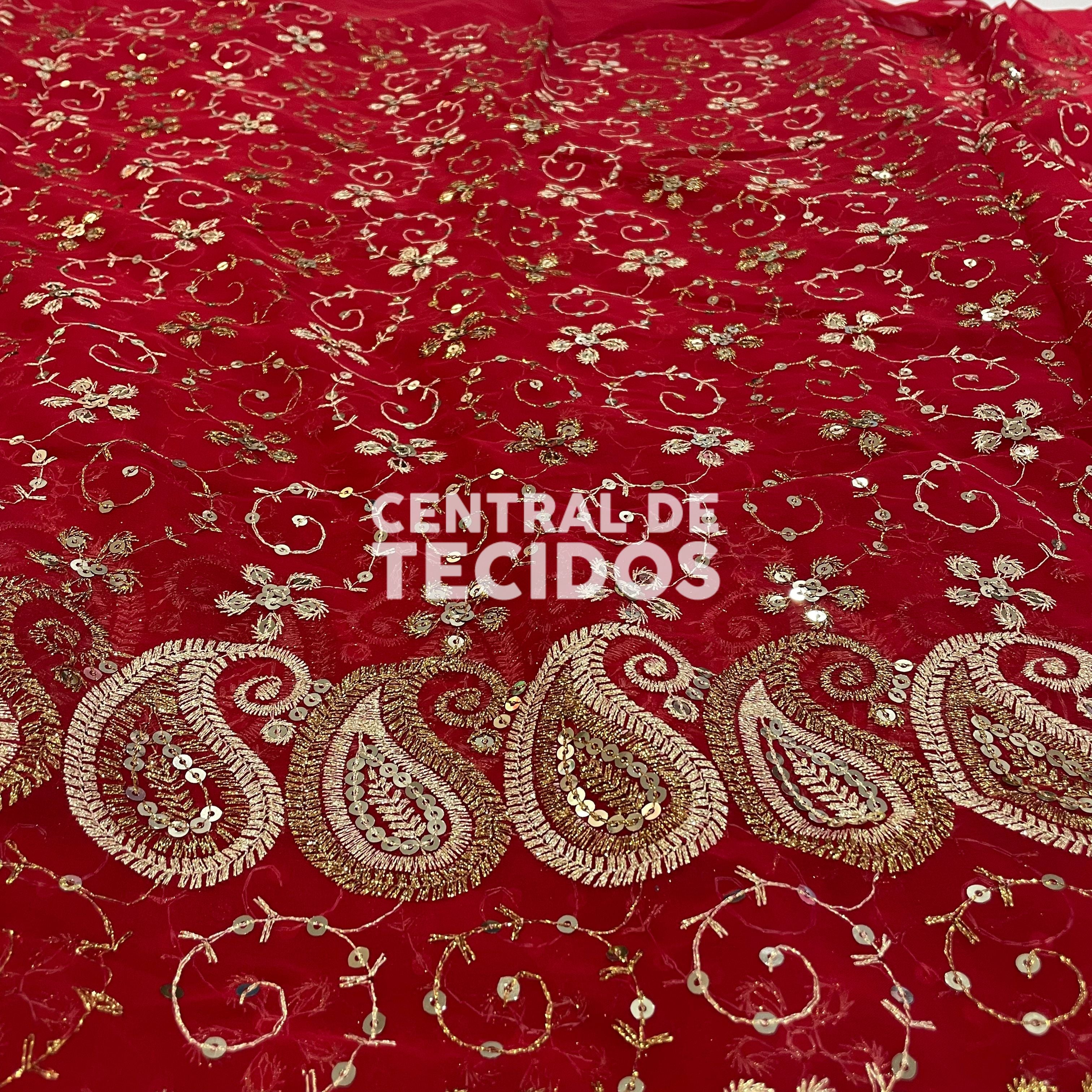 Chiffon Bordado Indiano Vermelho