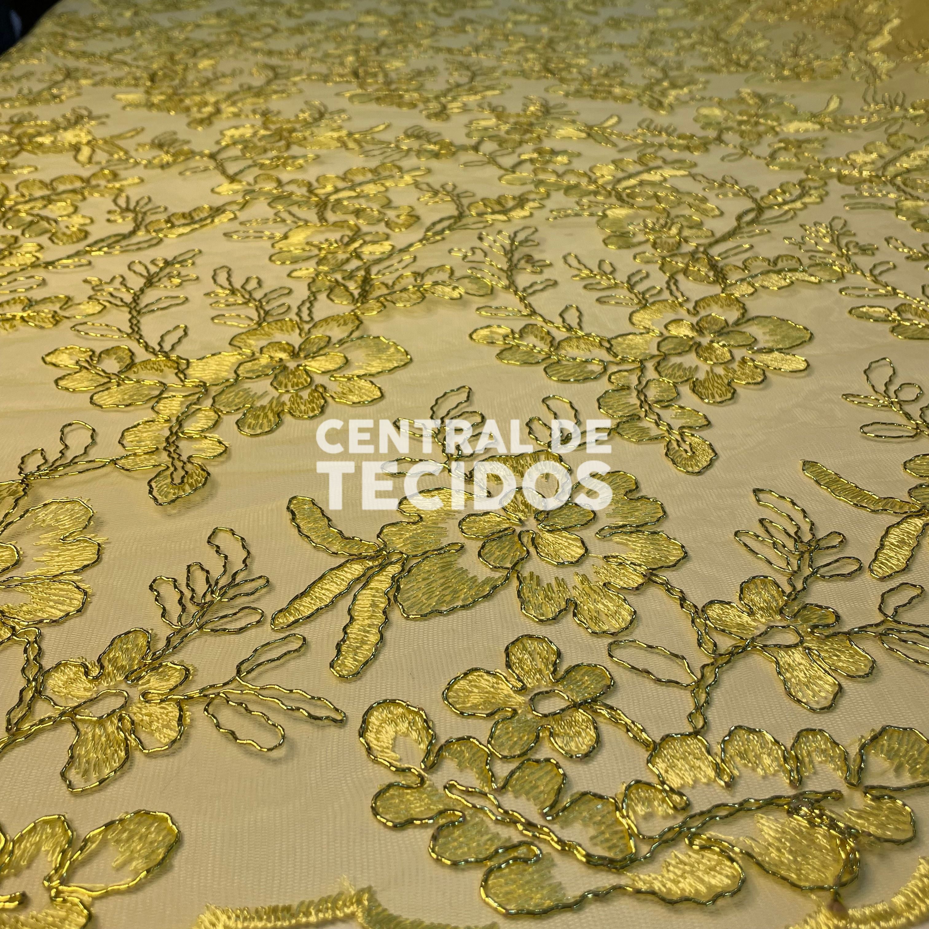 Tule Bordado Metalic Dourado
