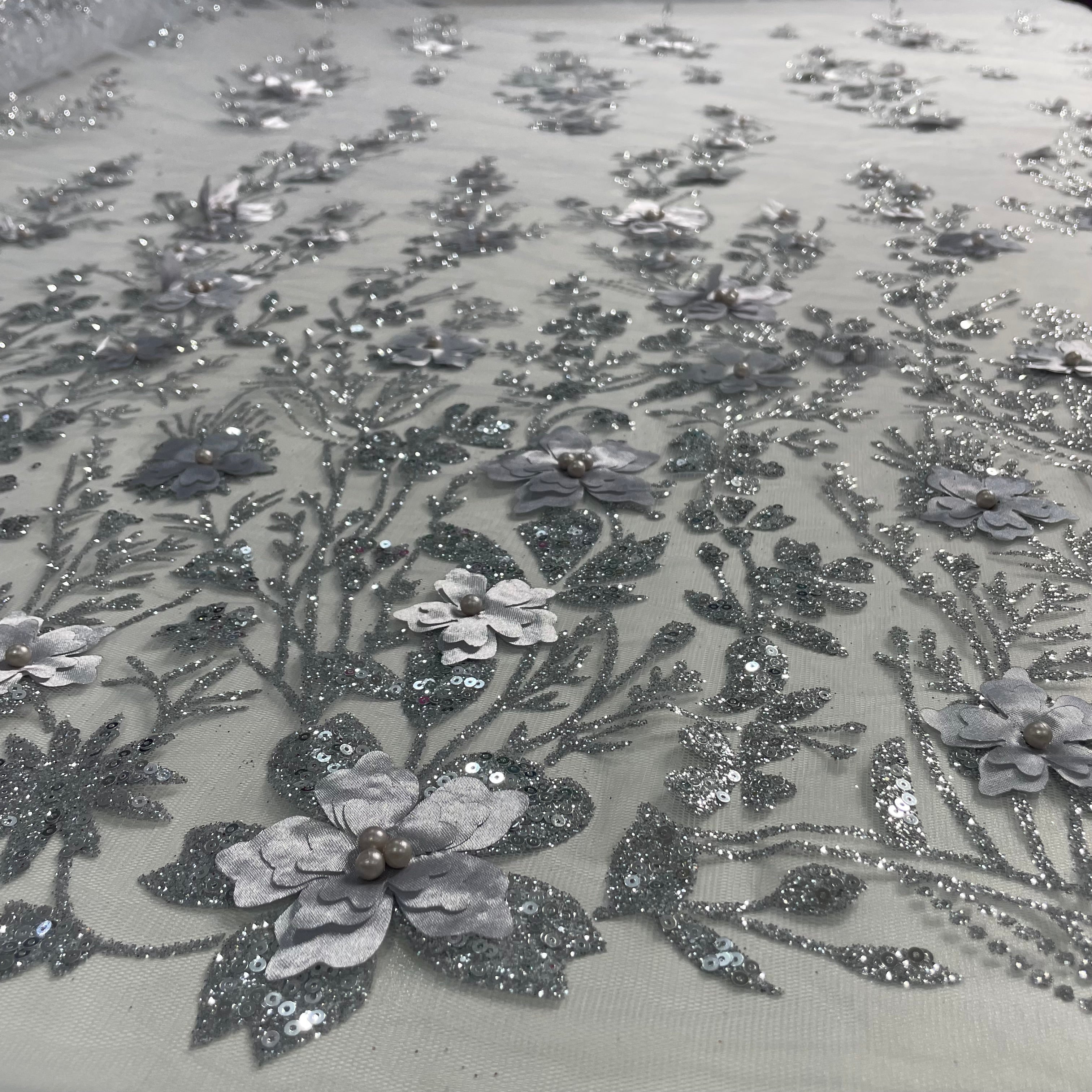 Tule Bordado Glitter 3D Floral Pérola Prateado