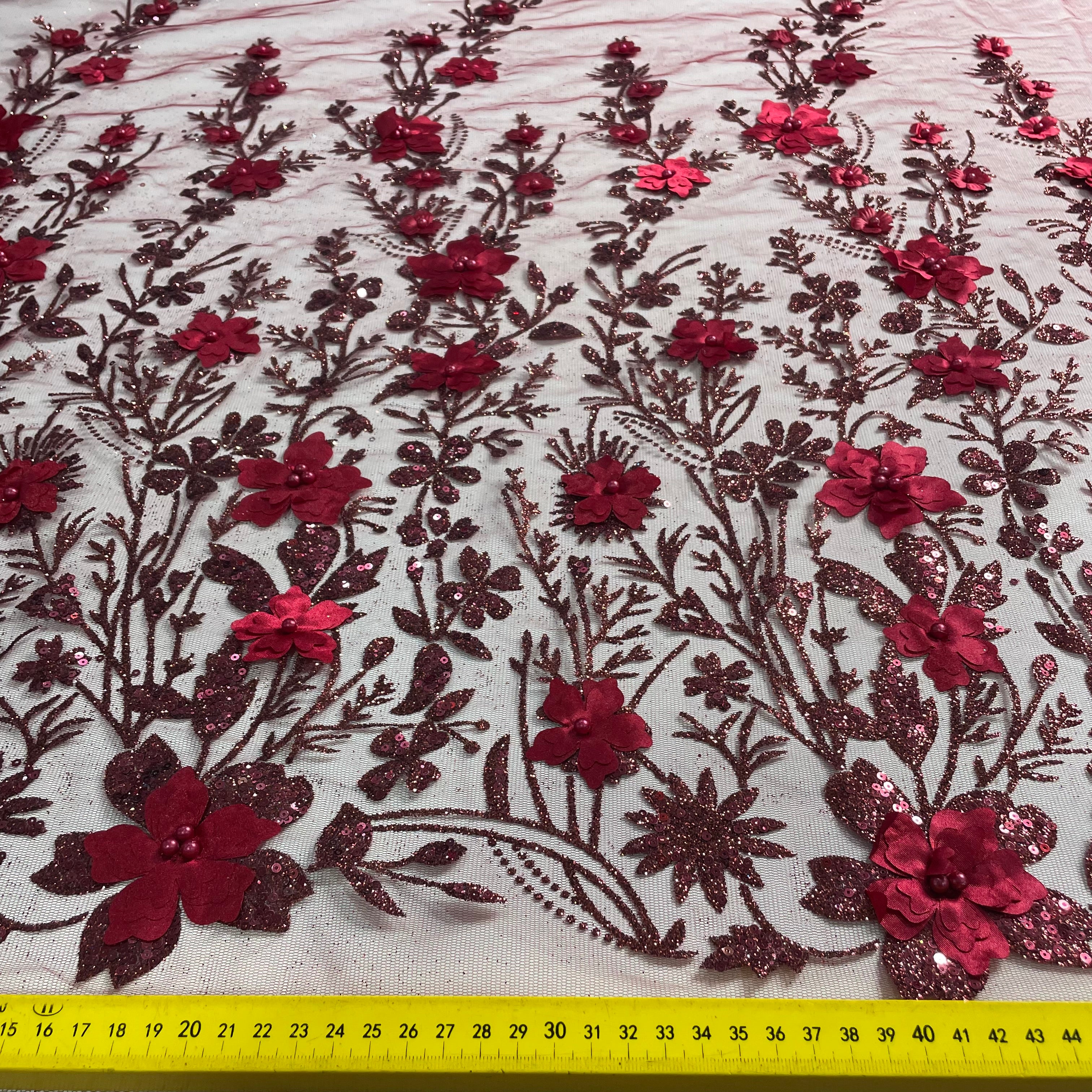 Tule Bordado Glitter 3D Floral Pérola Vermelho Rubi