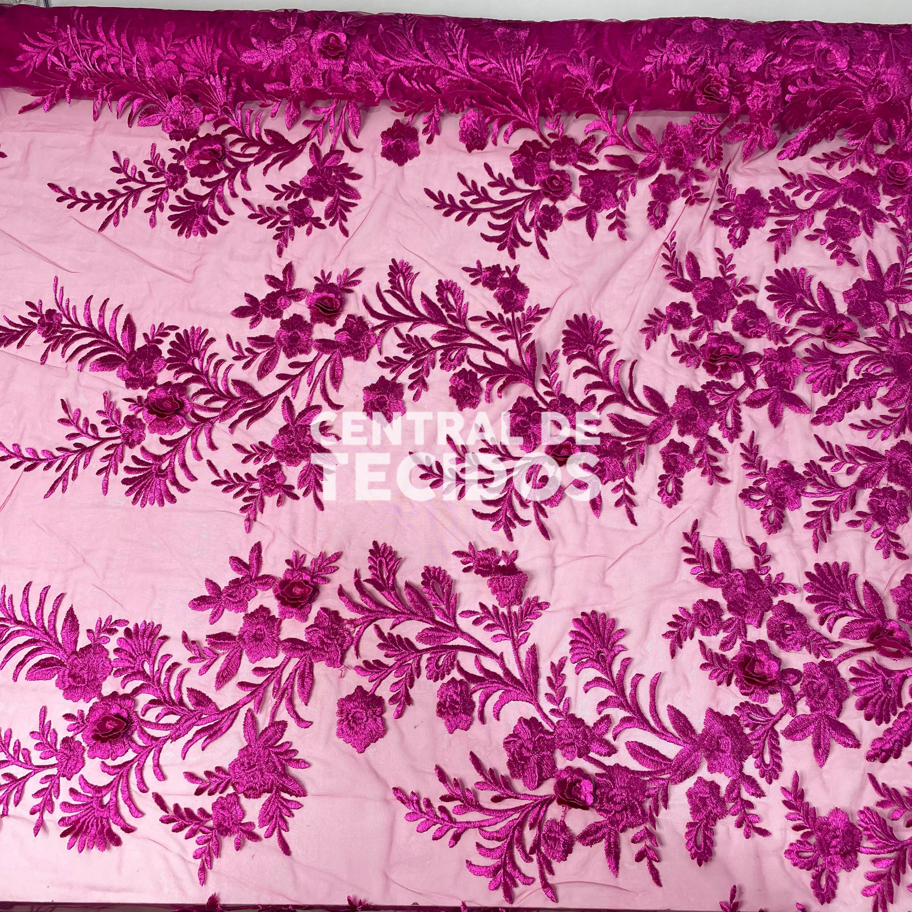 Tule Bordado London 3D Rosa Choque