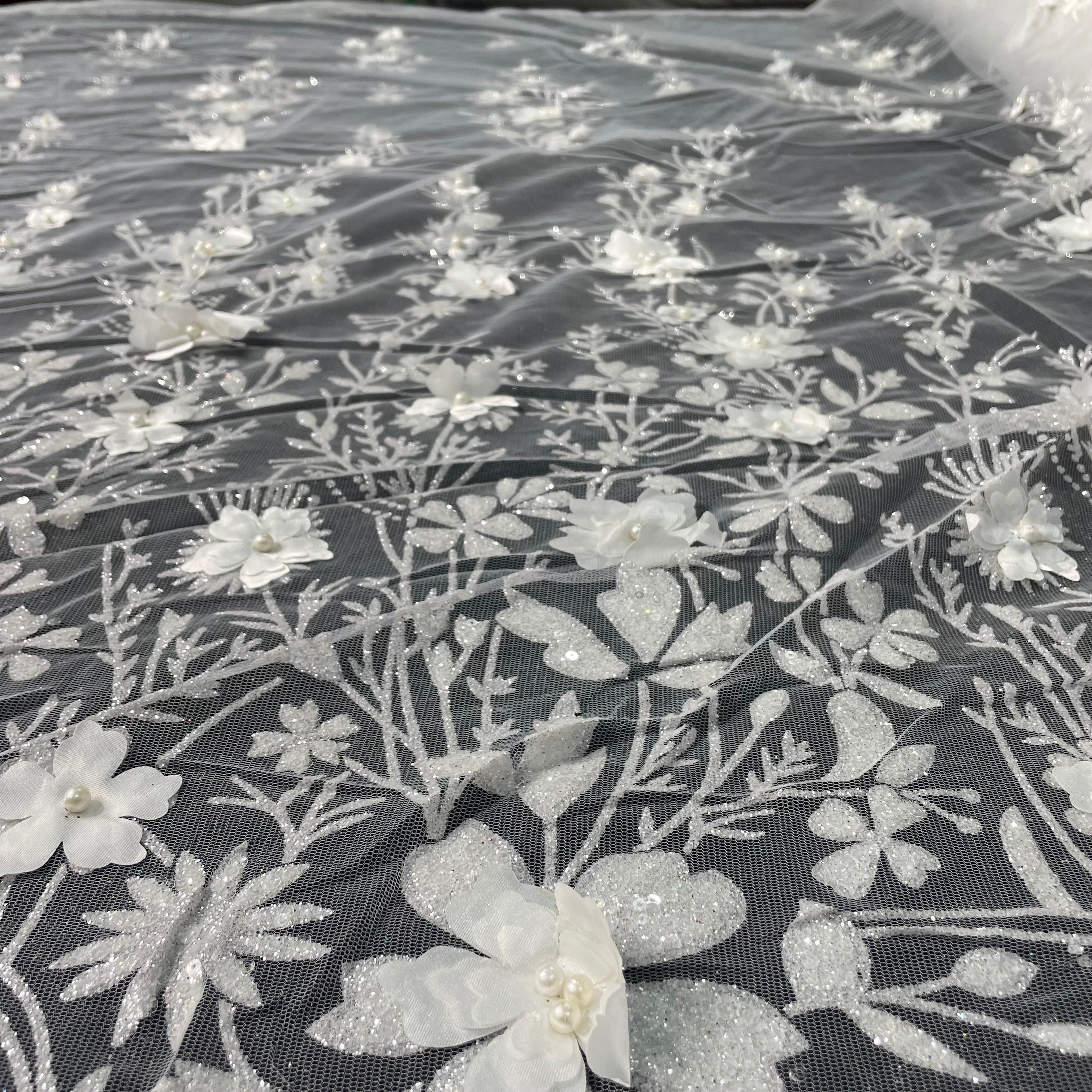 Tule Bordado Glitter 3D Floral Pérola Branco