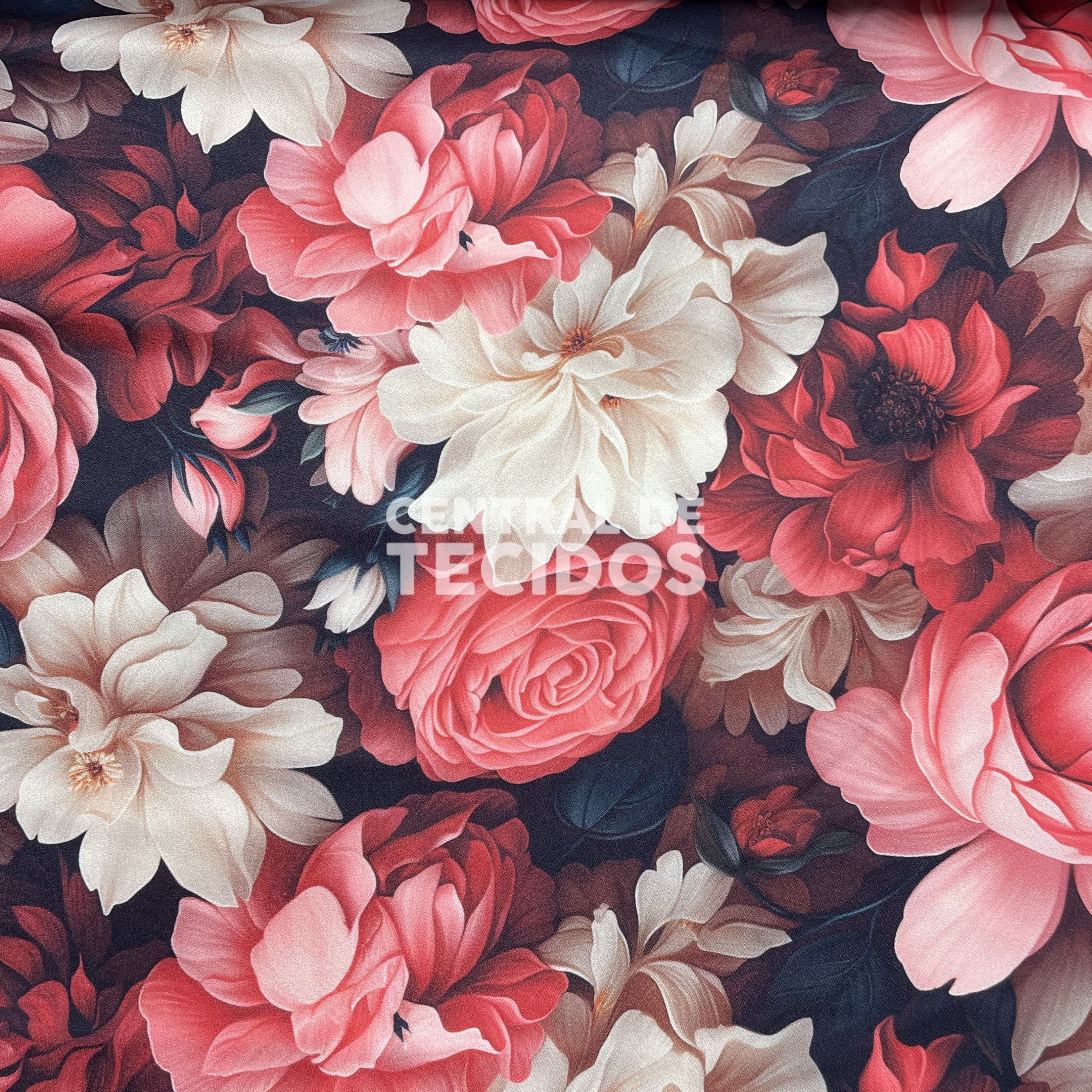 Crepe Torige Digital 3D Flores Avermelhadas