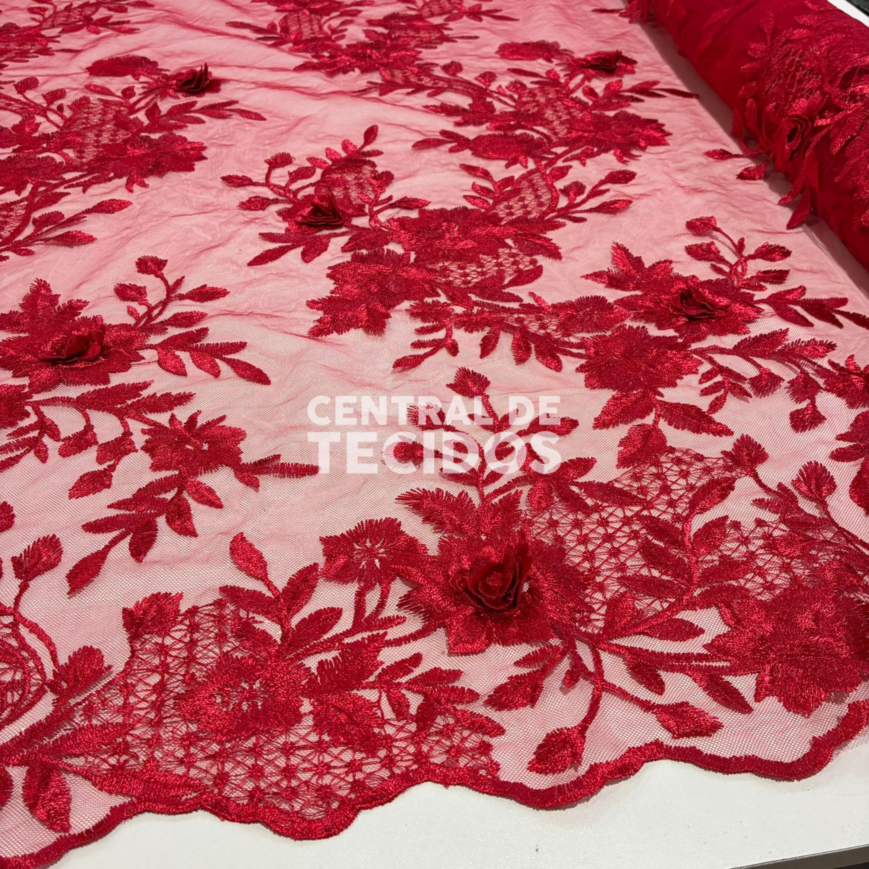 Tule Bordado London 3D Floral Vermelho