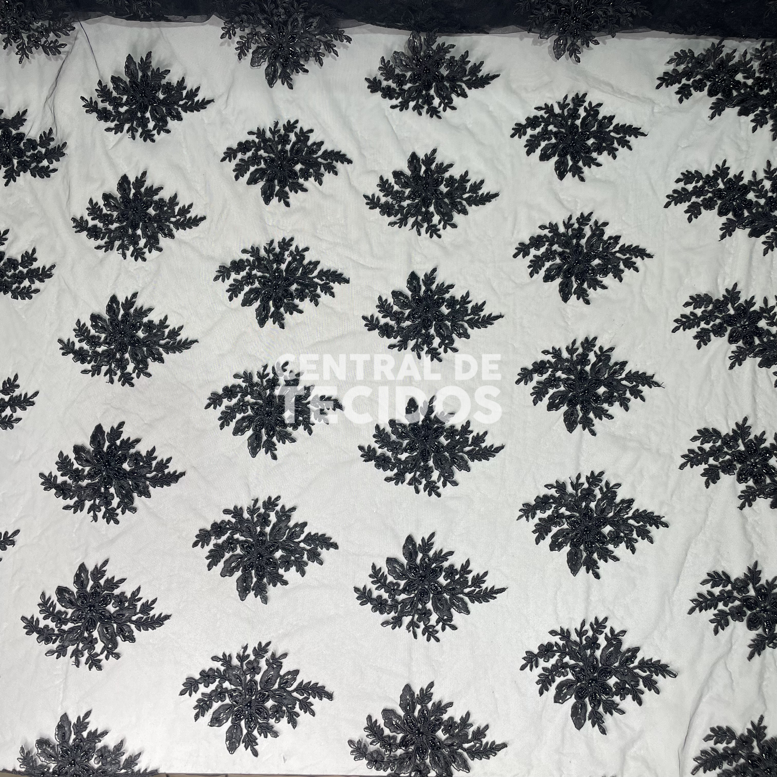 Tule Bordado Pedraria Preto