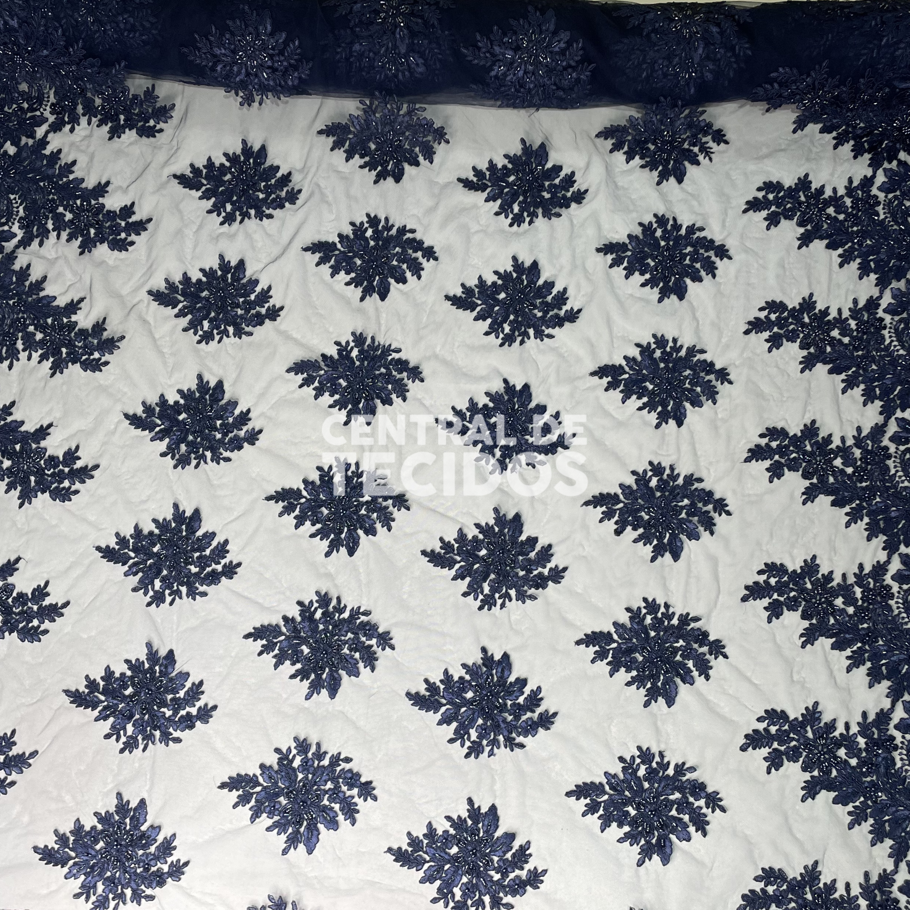 Tule Bordado Pedraria Azul Petróleo