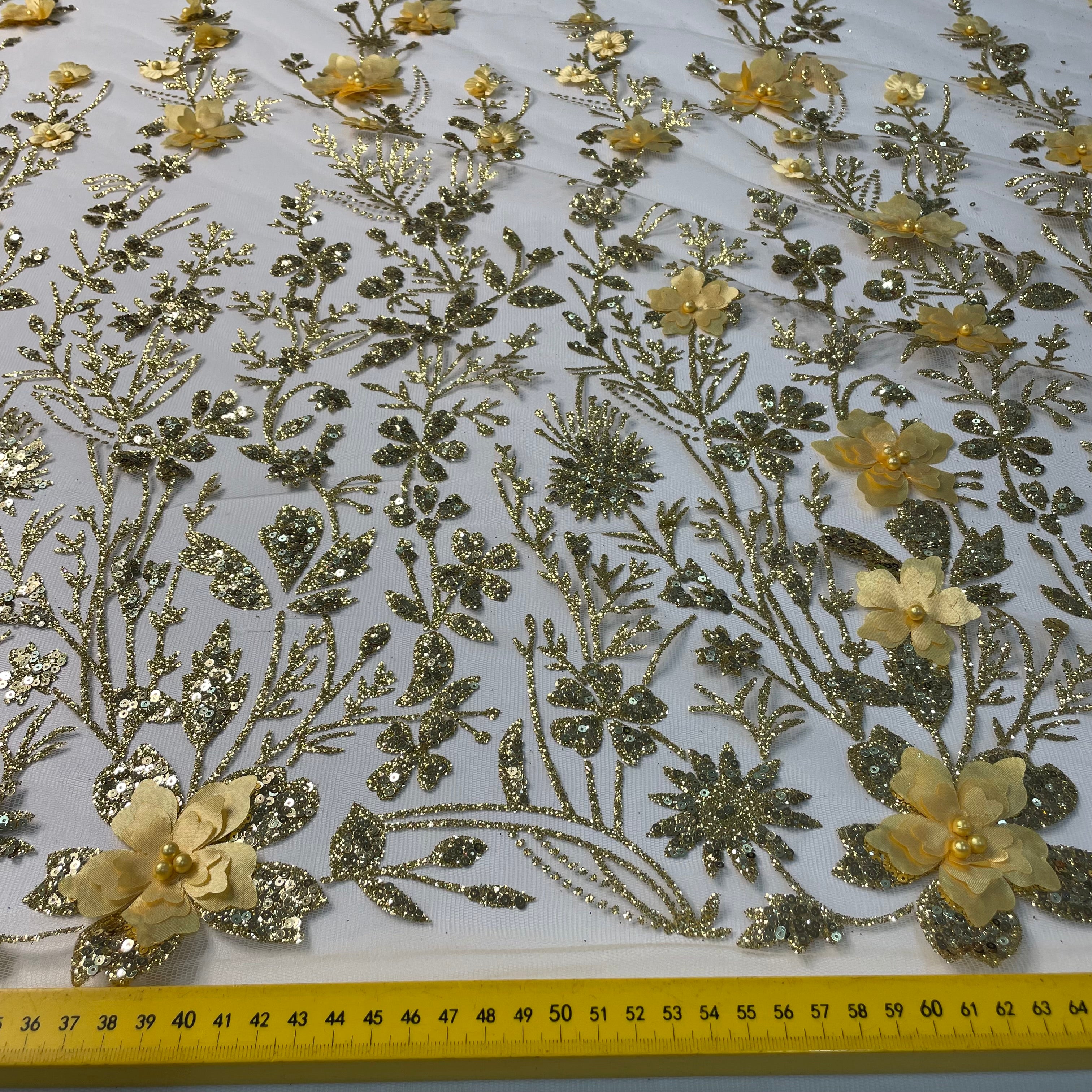 Tule Bordado Glitter 3D Floral Pérola Dourado