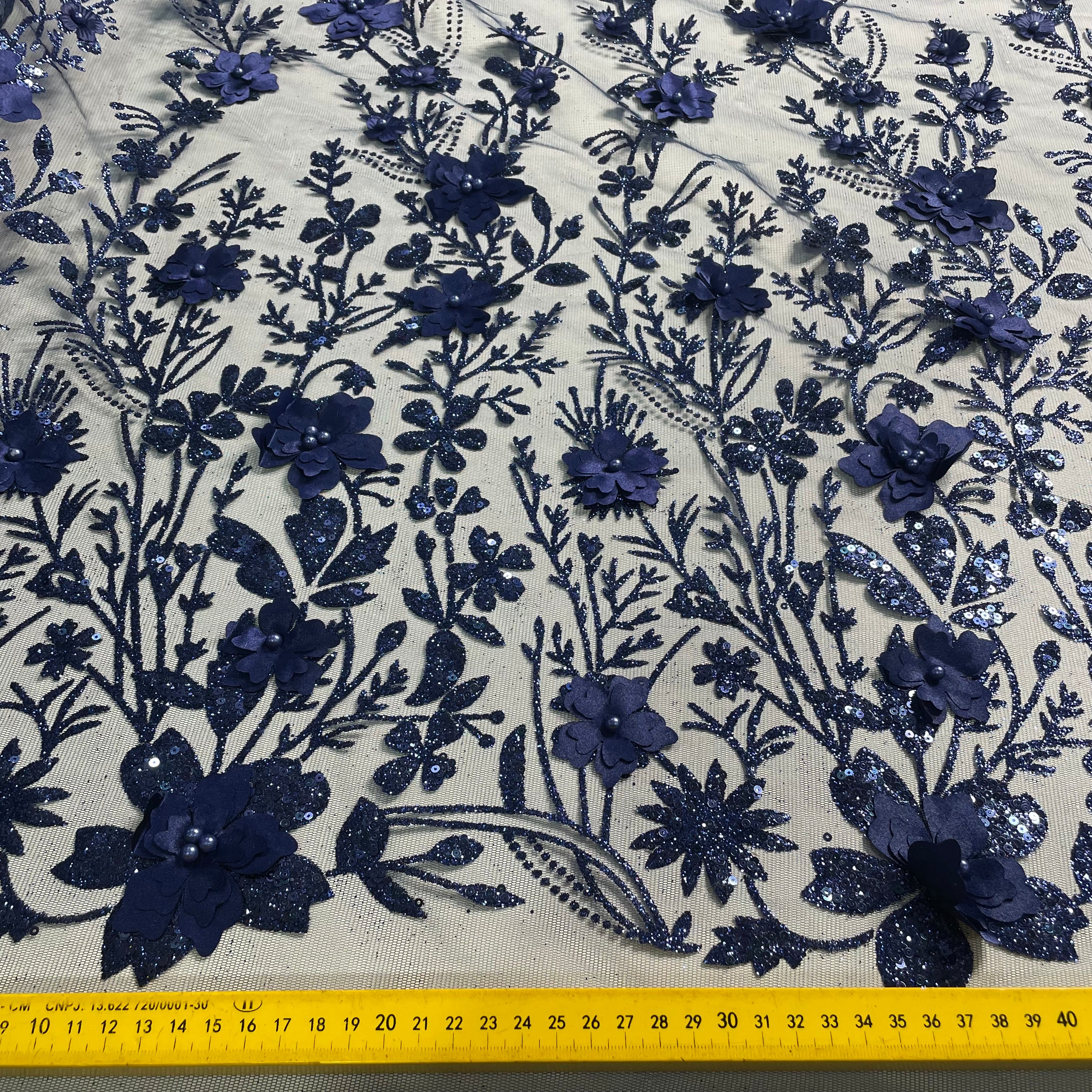 Tule Bordado Glitter 3D Floral Pérola Azul Marinho