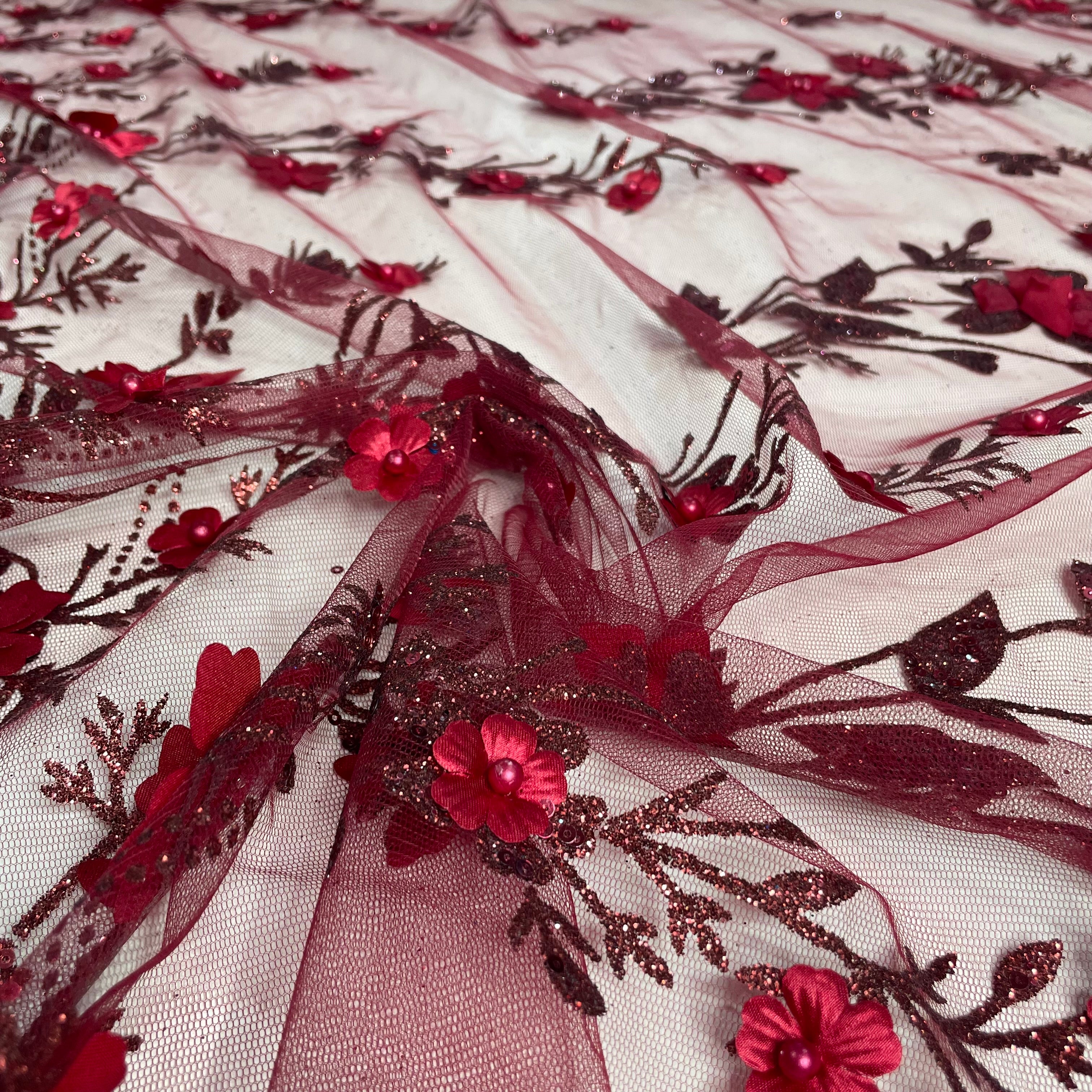 Tule Bordado Glitter 3D Floral Pérola Vermelho Rubi