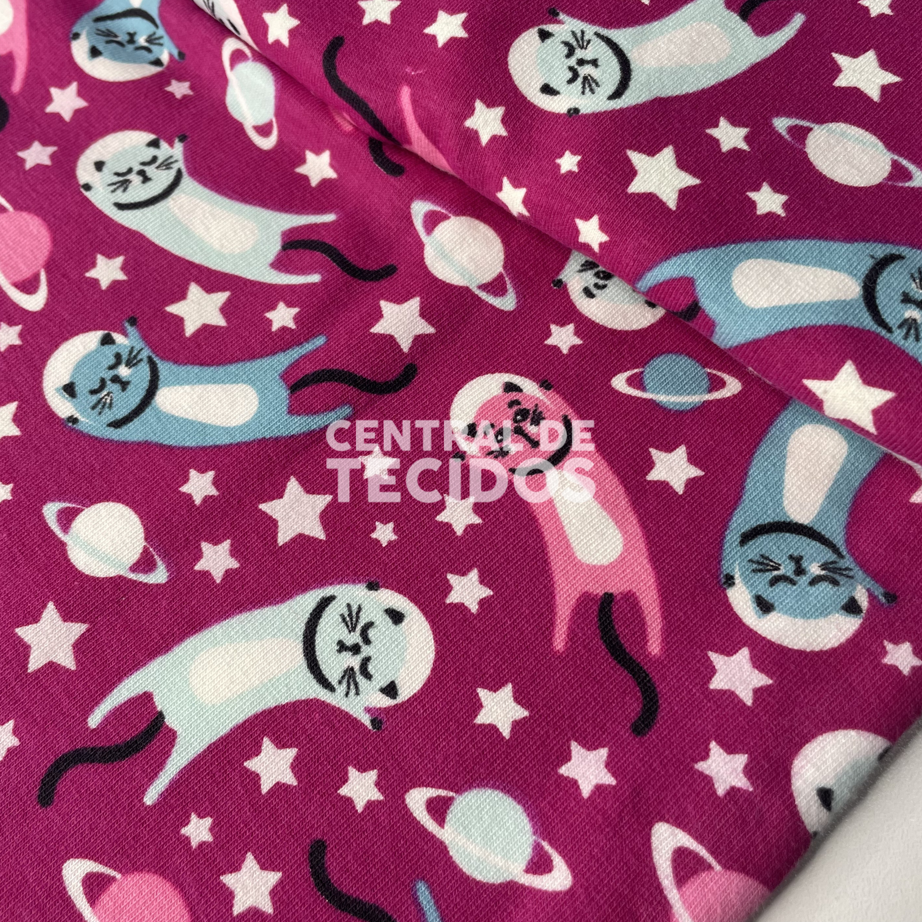Malha Cotton Rosa Gatinhos Lunares