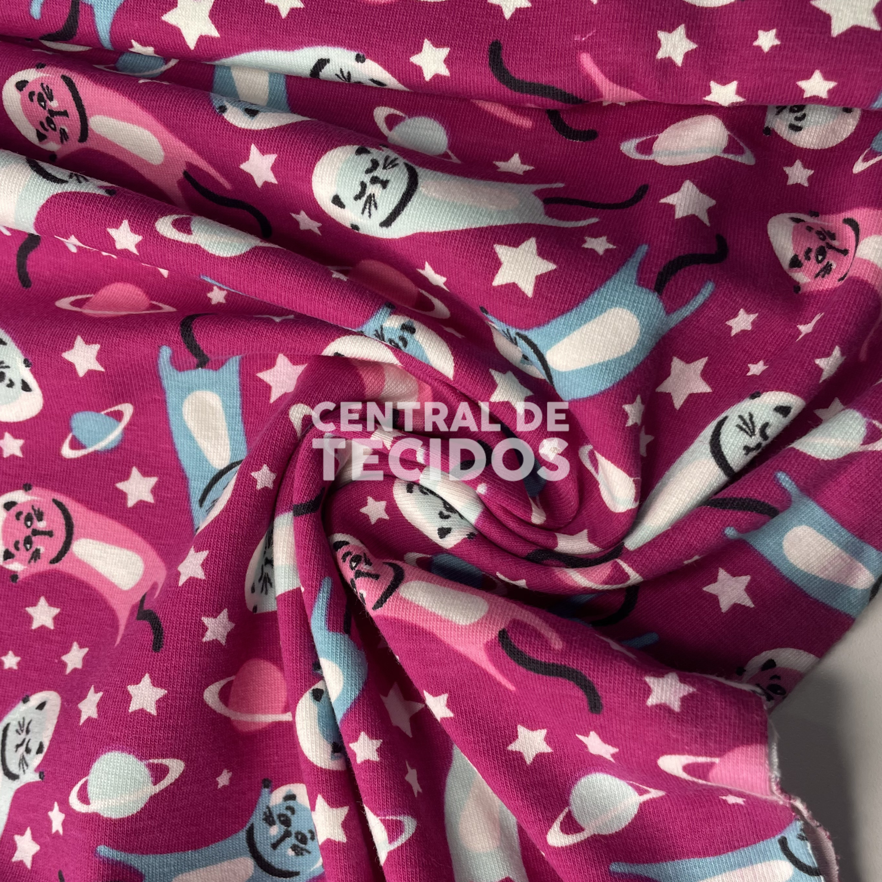 Malha Cotton Rosa Gatinhos Lunares