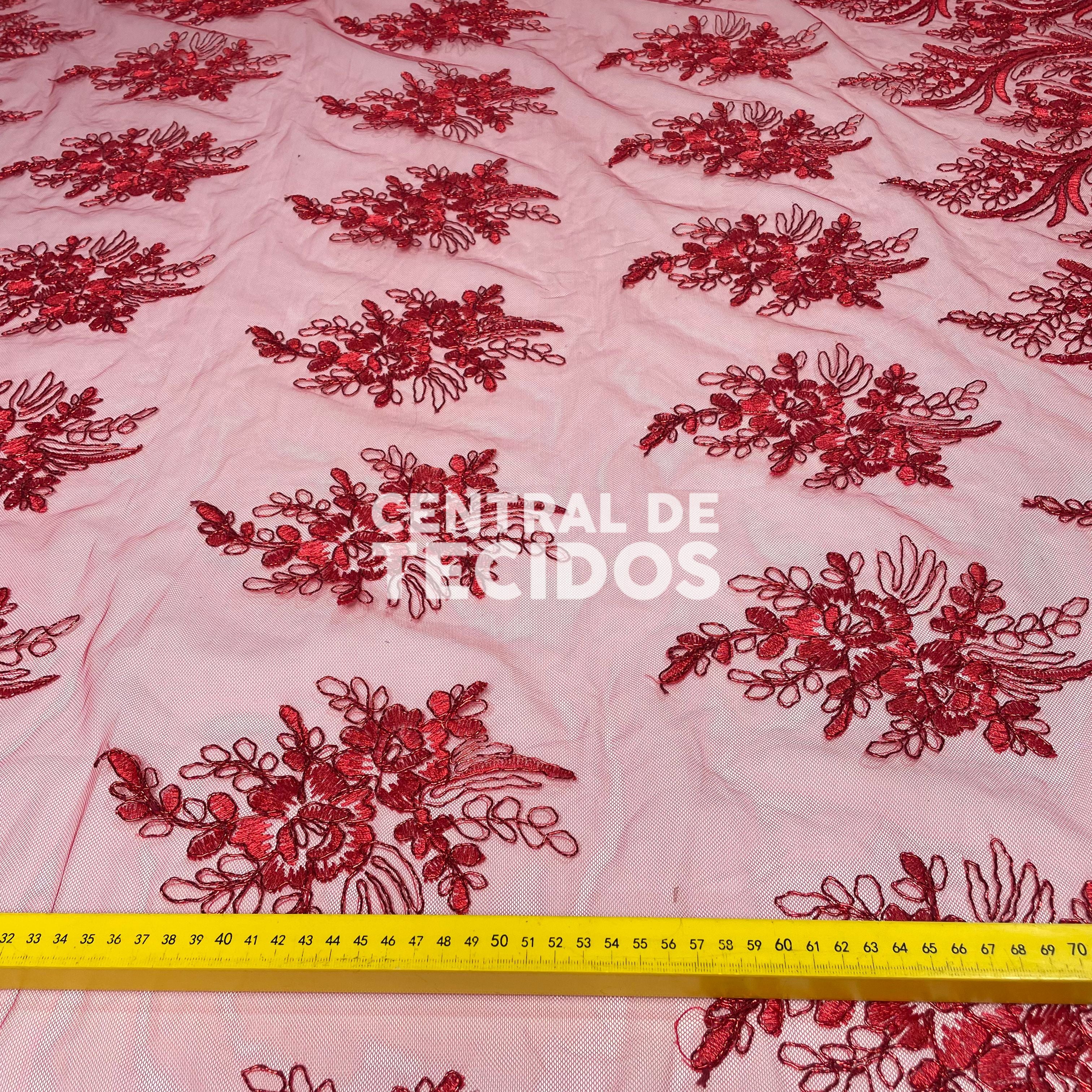 Tule Bordado Metalic Vermelho